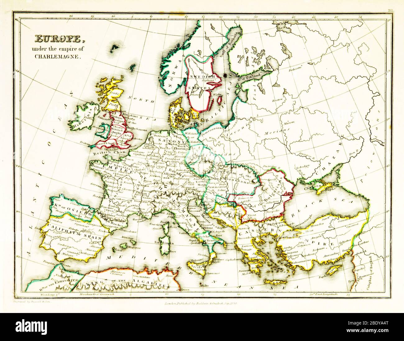 Empire carolingien, carte de l'Europe, IXe siècle Banque D'Images