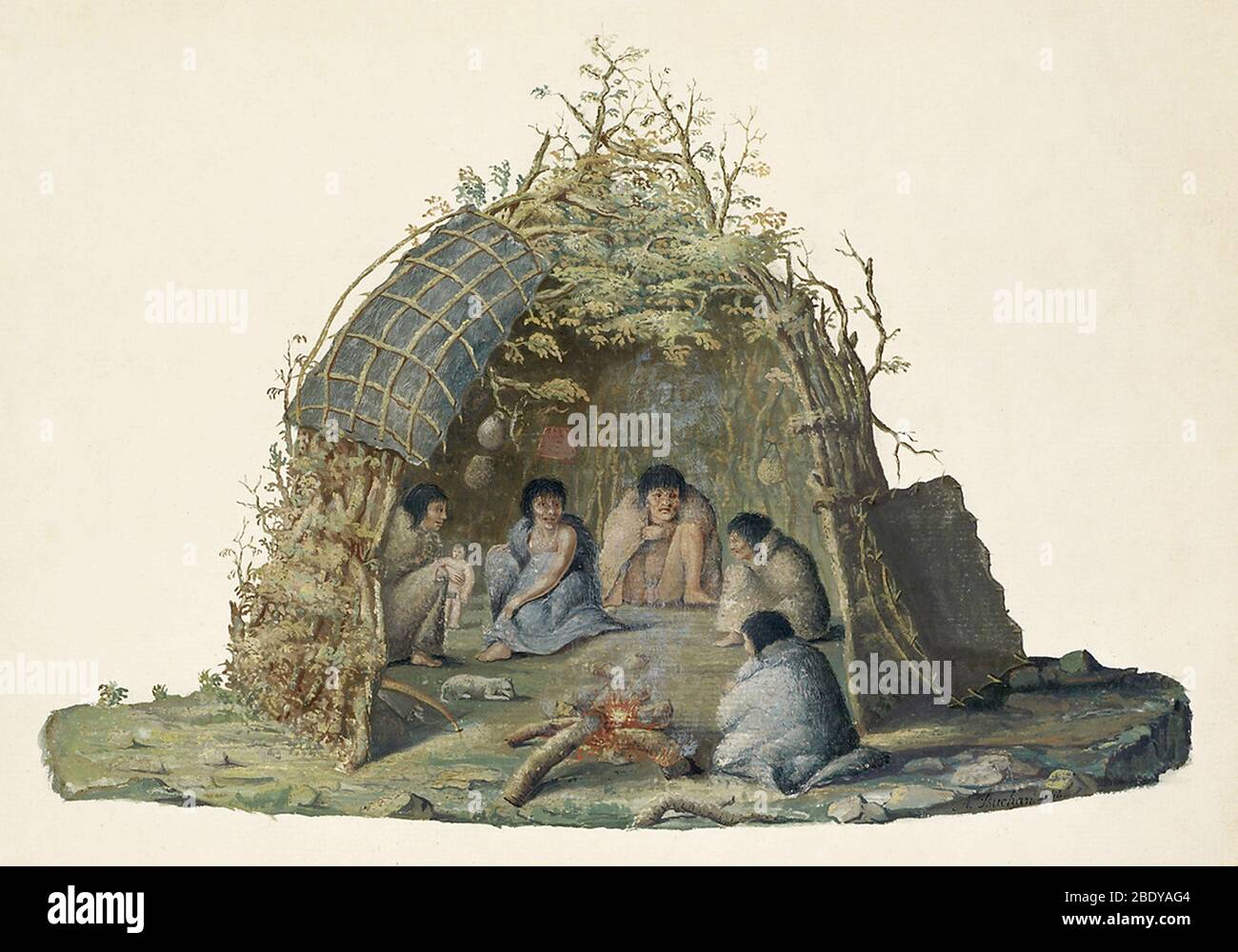 Fuegans dans leur cabane, 18ème siècle Banque D'Images