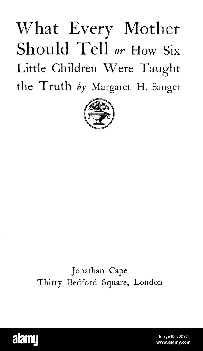 Titre Page de la publication Margaret Sanger, 1927 Banque D'Images