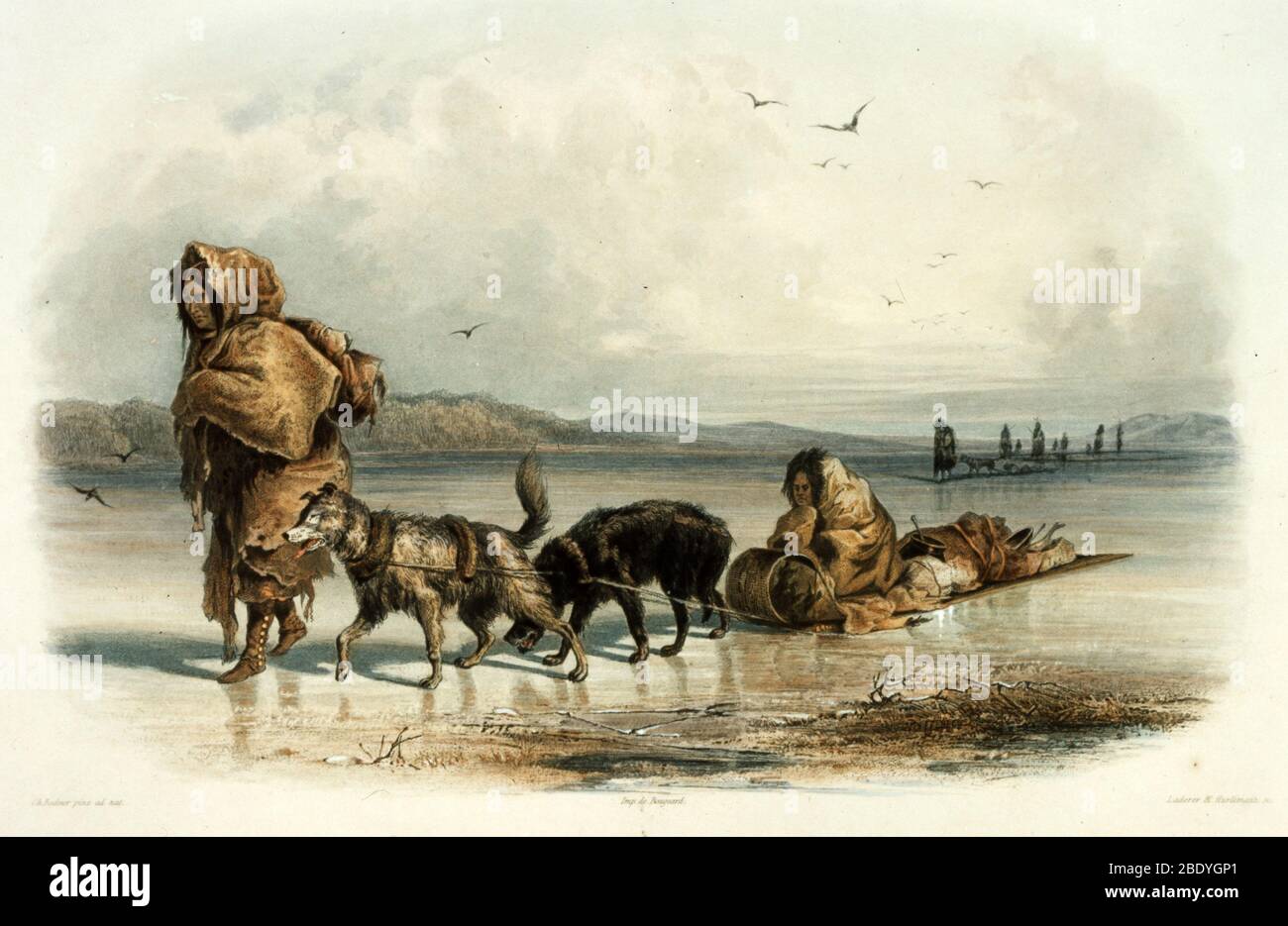 Indiens Mandan avec traîneau à chiens, c. Banque D'Images