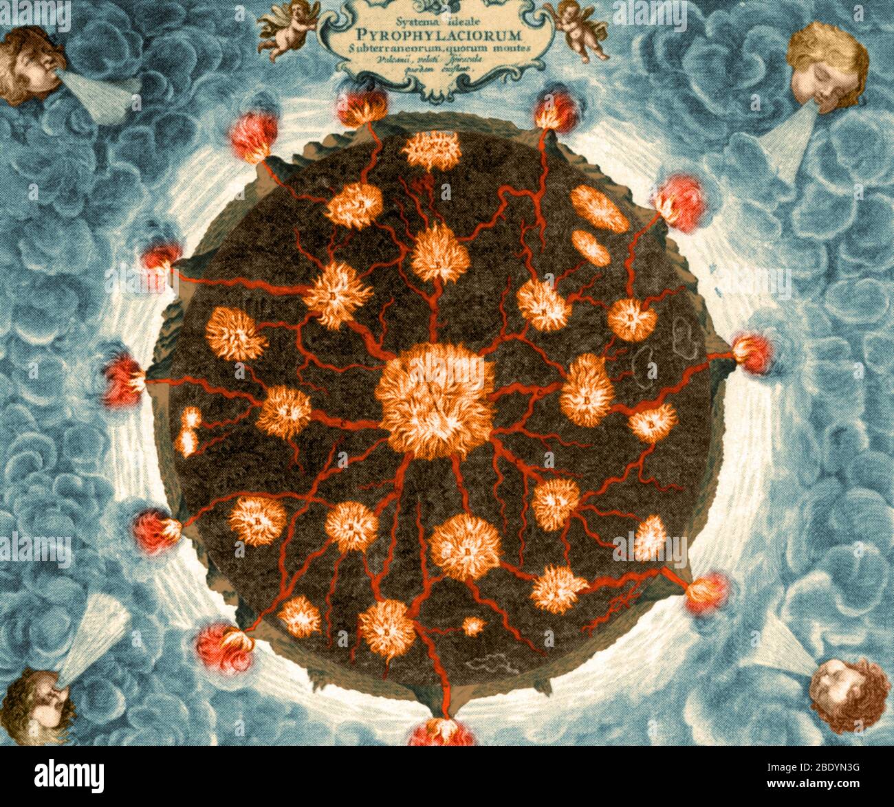 Diagramme montrant l'interconnexion du feu à l'intérieur de la terre, présenté dans Mundus subterraneus publié en 1664-5 par Athanasius Kircher et Christoph Scheiner. L'œuvre montre des volcans à la surface de la Terre, et des feux souterrains et des canaux d'eau qui les provoquent. La théorie de Kircher était que les canaux d'eau souterrains, chauffés par les feux internes de la Terre, sont apparus dans la mer (provoquant les marées) et dans les montagnes (provoquant des volcans). Athanasius Kircher (2 mai 1601 ou 1602 - 27 ou 28 novembre 1680) (maître d'une centaine d'arts) était un érudit jésuite allemand célébré pour la ve Banque D'Images