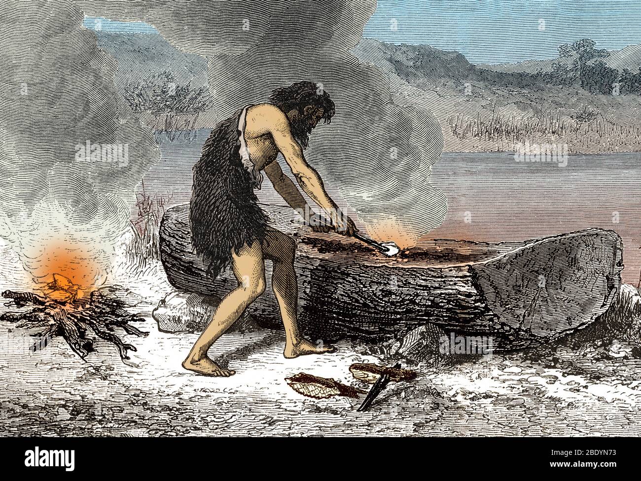 L'homme préhistorique, l'étang de l'âge de pierre Banque D'Images