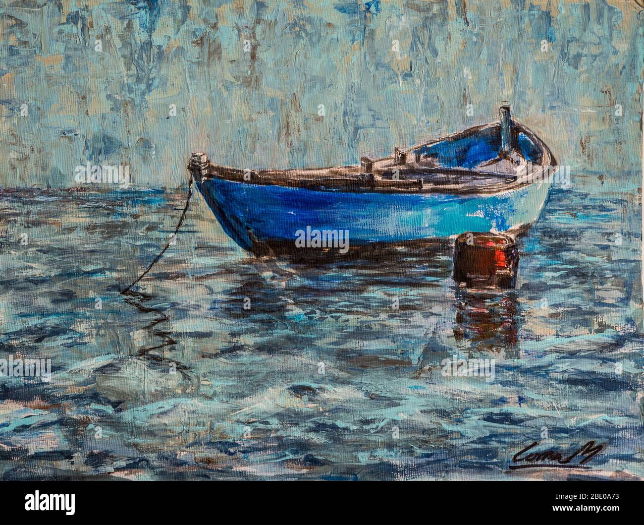 Illustration d'un bateau de pêche traditionnel appelé Bateira amarré sur la lagune d'Obidos, Portugal. Peinture acrylique 40 cm x 30 cm à bord. Par Lorna Markillie. Banque D'Images