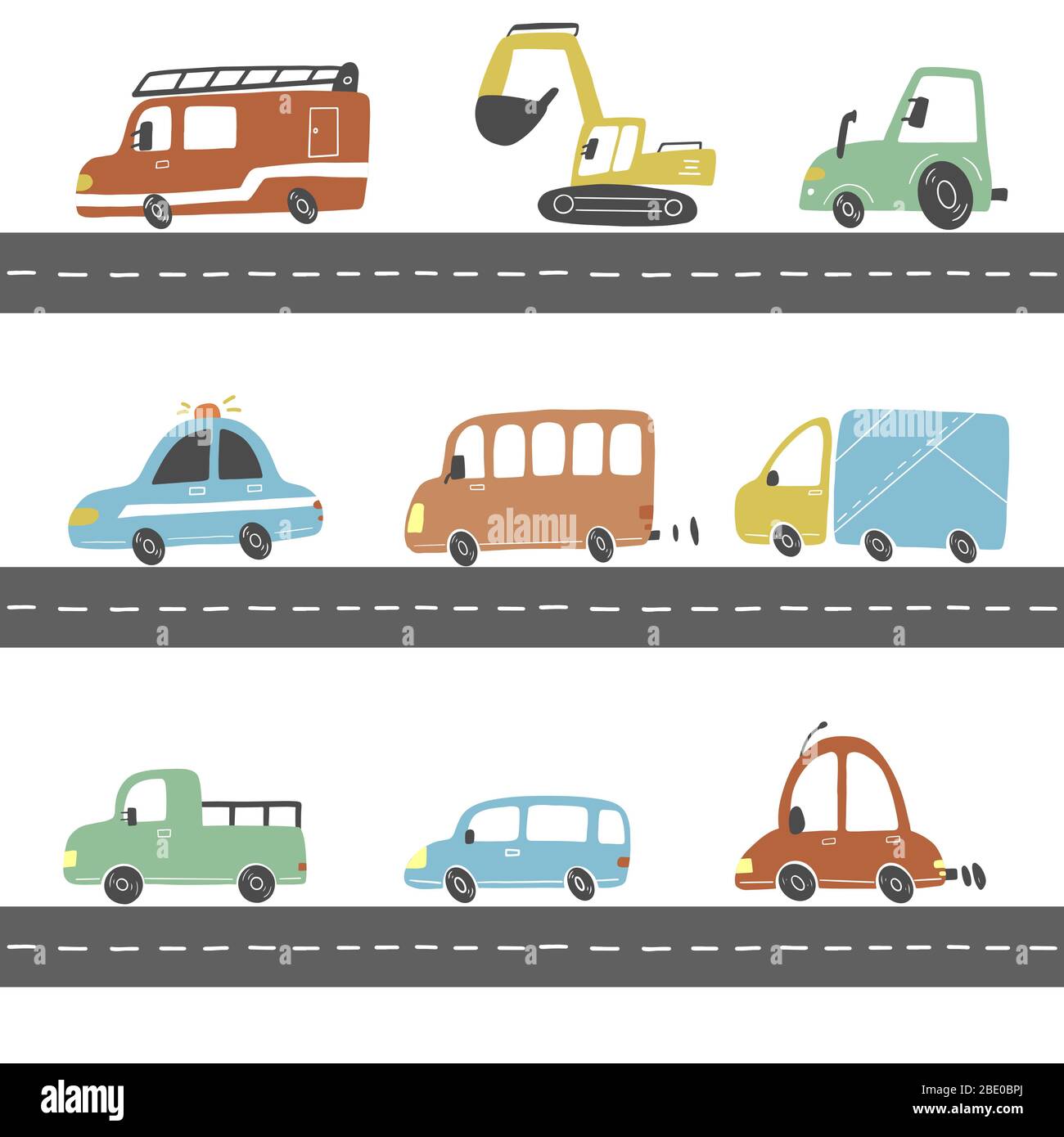 Ensemble de mignons dessins animés pour enfants et voitures de style jouet et autres transports, camions, voitures de police, camions de pompiers, pelles hydrauliques, autobus. Illustration vectorielle isolée. Illustration de Vecteur