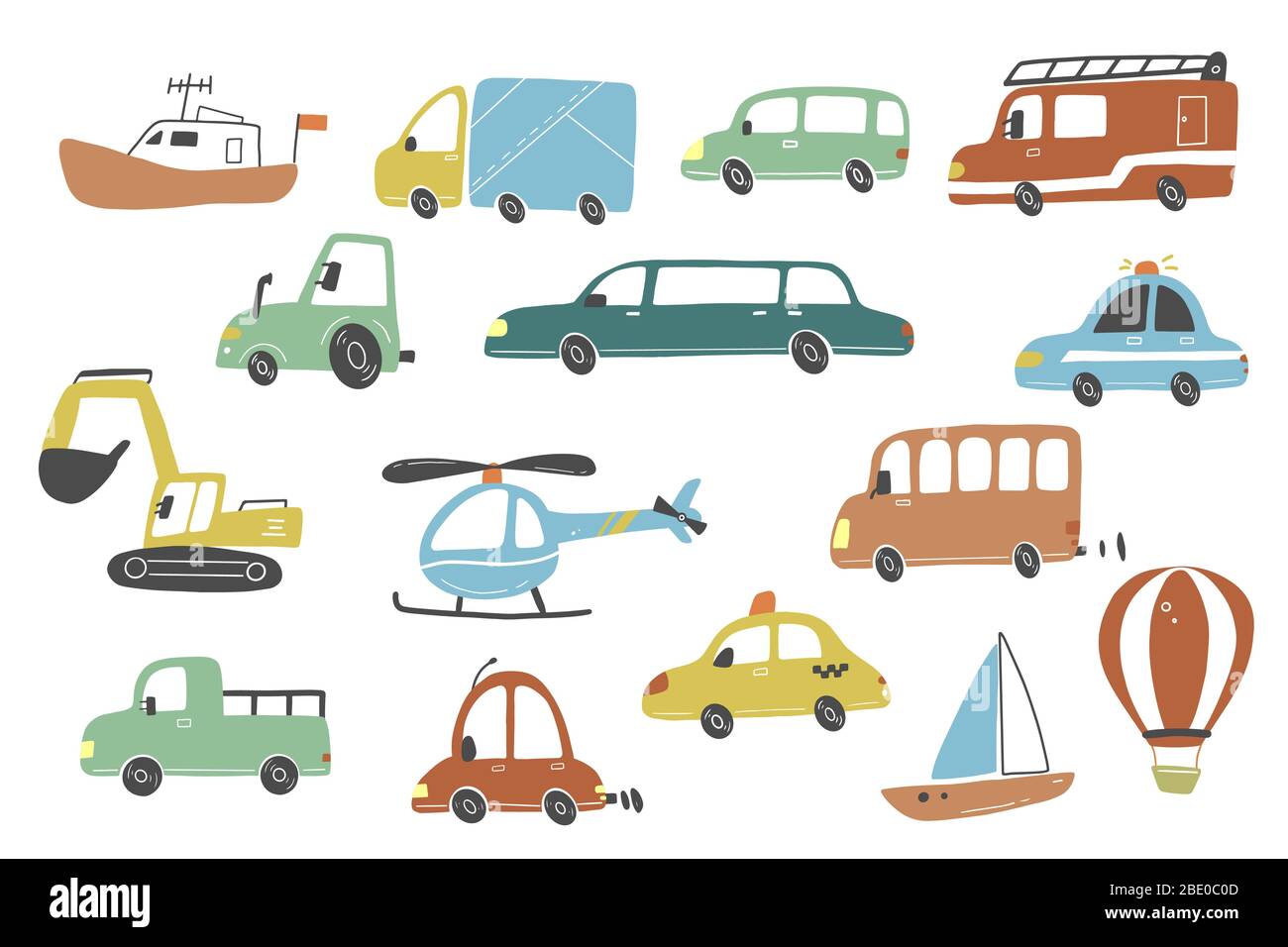 Ensemble de mignons dessins animés pour enfants et voitures de style jouet et autres transports, camions, taxis, voitures de police, camions de pompiers, navires, hélicoptères, pelles hydrauliques, autobus. Illustration vectorielle isolée. Illustration de Vecteur