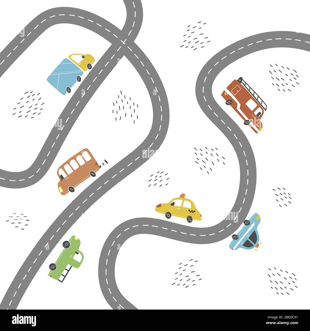 Dessin animé carte mignonne pour enfants avec voiture, route, éléments de paysage de ville. Voitures, bâtiment, route dessinée à la main, style jouet pour enfants. Illustration vectorielle. Illustration de Vecteur