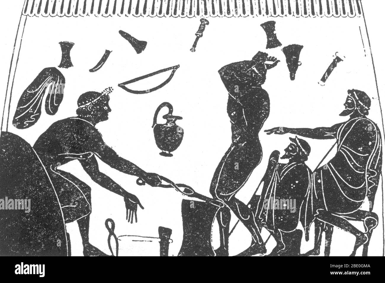 Boutique de forgeron, vase grenier, 6ème siècle avant J.-C. Un forgeron est une personne qui crée des objets en fer forgé ou en acier en forgeant le métal, c'est-à-dire en utilisant des outils pour marteau, plier et couper. Les forgerons produisent des objets tels que des portes, des grilles, des rampes, des luminaires, des meubles, des sculptures, des outils, des instruments agricoles, des objets décoratifs et religieux, des ustensiles de cuisine et des armes. Banque D'Images Boutique de forgeron, vase grenier, 6ème siècle avant J.-C. Un forgeron est une personne qui crée des objets en fer forgé ou en acier en forgeant le métal, c'est-à-dire en utilisant des outils pour marteau, plier et couper. Les forgerons produisent des objets tels que des portes, des grilles, des rampes, des luminaires, des meubles, des sculptures, des outils, des instruments agricoles, des objets décoratifs et religieux, des ustensiles de cuisine et des armes. Banque D'Images