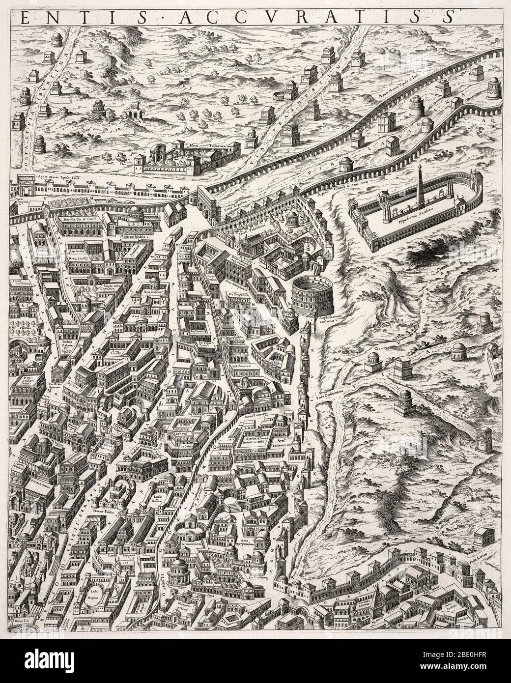 Une carte d'une section de Rome (montrant l'Hippodrome en haut à droite). Gravé par Etienne du Pérac (d. 1604). Cette réimpression a été publiée dans les années 1600 par Giovanni Giacomo de Rossi (Johannes Jacobus de Rubeis) de l'original 1574. Banque D'Images