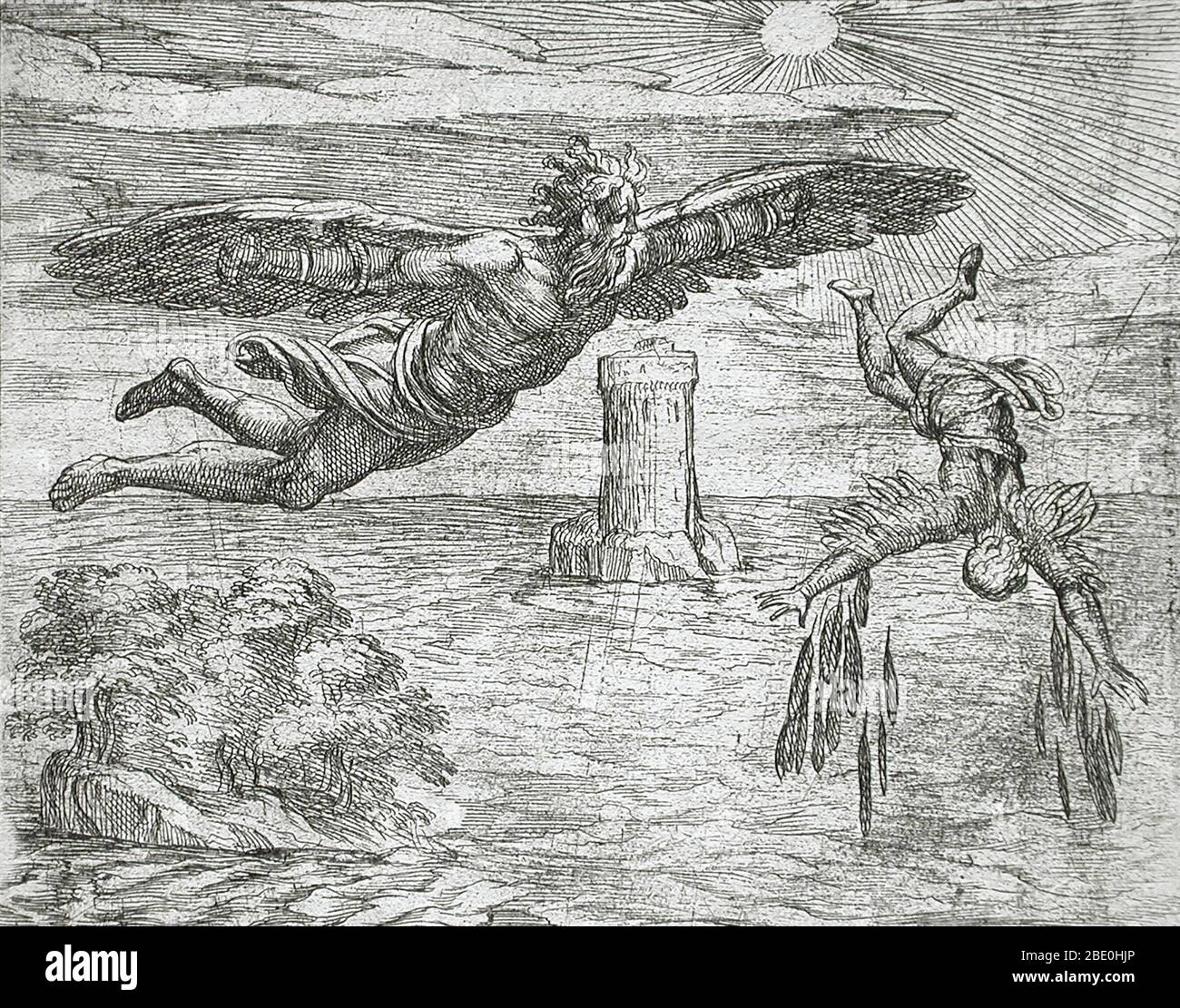 La chute d'Icarus, titre alternatif: Daedalus Icaro alta nimis ambienti orbatur. L'gravure est apparue dans: Les métamorphoses d'Ovid, plaque 75, deuxième édition illustrée par Antonio Tempesta, publié 1606. Icarus était le fils de Daedalus qui osait voler trop près du soleil sur les ailes de plumes et de cire. Daedalus avait été emprisonné par le roi Minos de Crète dans les murs de sa propre invention, le Labyrinthe. Mais le génie du grand artisan ne souffrirait pas de captivité. Il a fait deux paires d'ailes en adhérant des plumes à un cadre en bois avec de la cire. Donnant une paire à son fils, il lui a mis en garde à ce vol Banque D'Images