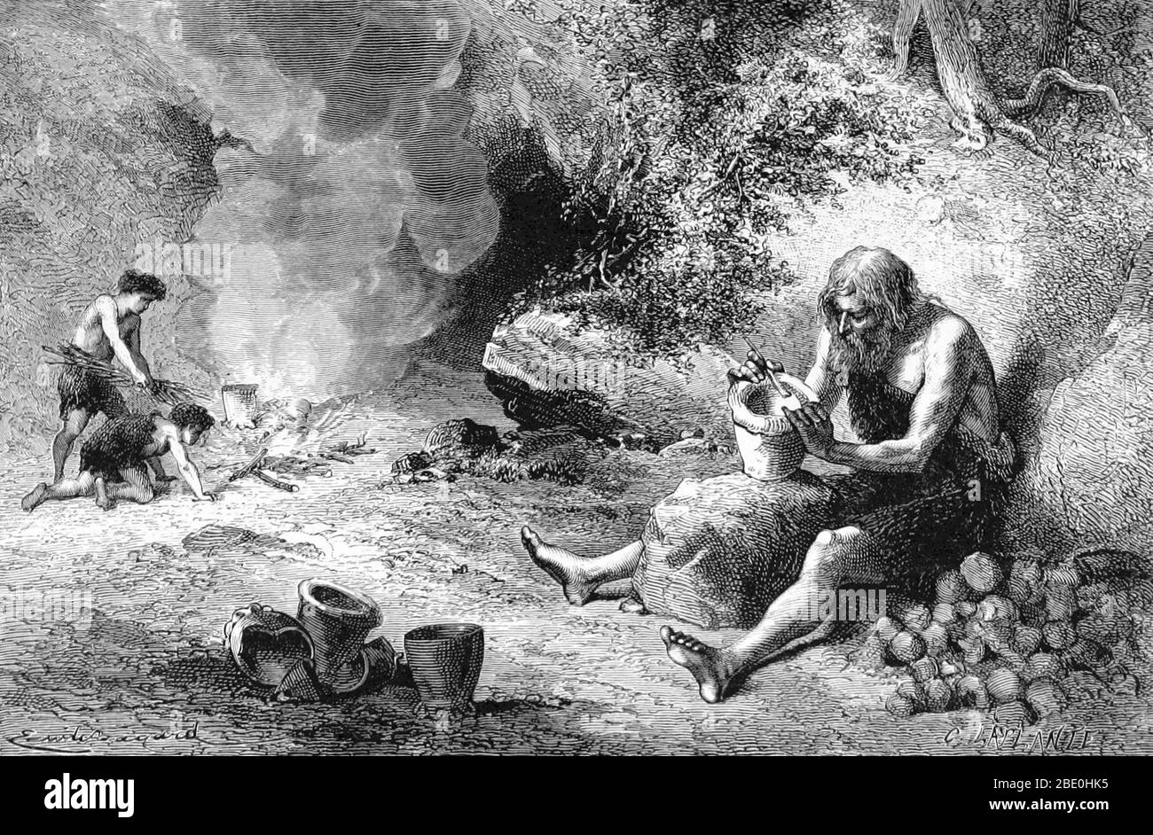 Une grande partie de l'histoire de la poterie est préhistorique, une partie des cultures pré-littérales passées. Par conséquent, une grande partie de cette histoire ne peut être trouvée que parmi les artefacts d'archéologie. Parce que la poterie est si durable, la poterie et les merds de la poterie survivent de millénaires sur les sites archéologiques. Les premières formes de poterie ont été faites à partir d'argiles qui ont été tirées à basse température dans les feux de fosse ou dans les feux de bonfeu ouverts. Ils étaient formés à la main et non décorés. Comme la forme de biscuit de la faïence est poreuse, elle a un utilité limitée pour le stockage des liquides. Cependant, la faïence a une histoire continue de la N Banque D'Images