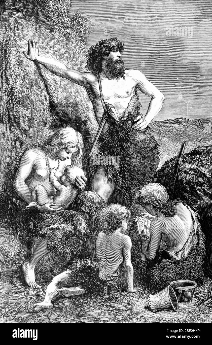 Un caveman ou troglodyte est un personnage de stock basé sur des concepts répandus de la façon dont les premiers humains préhistoriques peuvent avoir regardé et se comporter. Le terme caveman, parfois utilisé de manière colloque pour désigner les habitants de Neanderthal, provient des hypothèses sur l'association entre les premiers humains et les grottes, le plus clairement démontré dans la peinture de caverne ou les modèles de banc. Image prise à partir de la page 8 de 'Homme primitif' par Louis Figuier. Traduction révisée du français par Edward Burnet Tylor. Illustré par des scènes de vie primitive, 1870. Banque D'Images