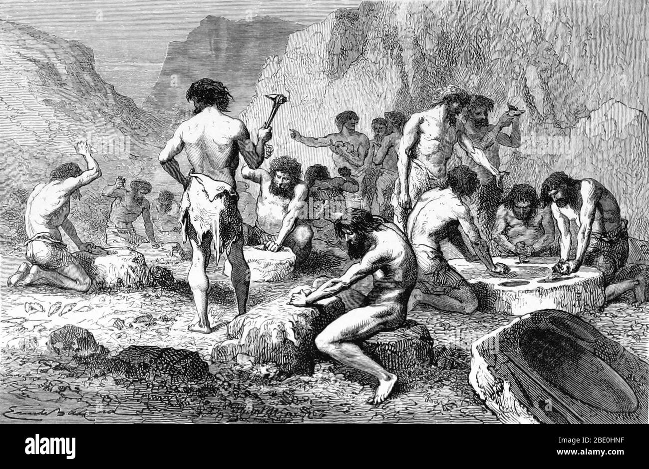 Sous-titré: "Atelier pour le façonnage et le polissage des pierres caractéristiques de l'époque de l'humanité que nous décrivons maintenant, la période de pierre polie". La période néolithique, ou nouvel âge de pierre, était une période de développement de la technologie humaine, commençant environ 10,200 avant J.-C. et se terminant entre 4,500 et 2,000 avant J.-C. Ce qui était aussi appelé autrefois l'âge de pierre polie était une période caractérisée par de belles armes et instruments faits de flint et d'autres types de pierre. Un outil de pierre est tout outil fait soit partiellement soit entièrement hors de pierre. La plupart des outils de pierre sont associés à la préhistoire, en particulier Sto Banque D'Images