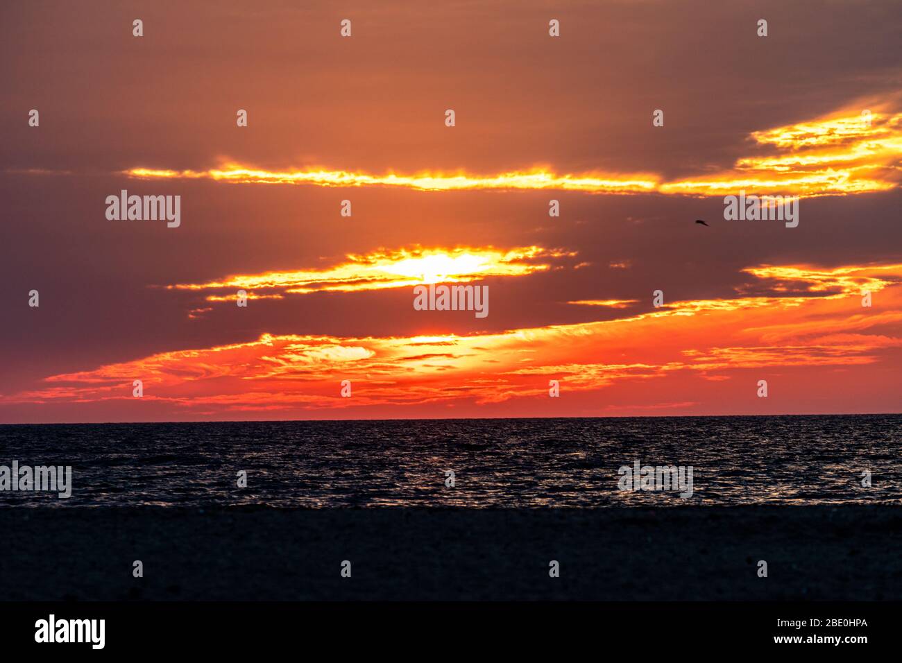 Coucher de soleil sur le ciel du feu depuis la plage de l'île de Nantucket. Banque D'Images