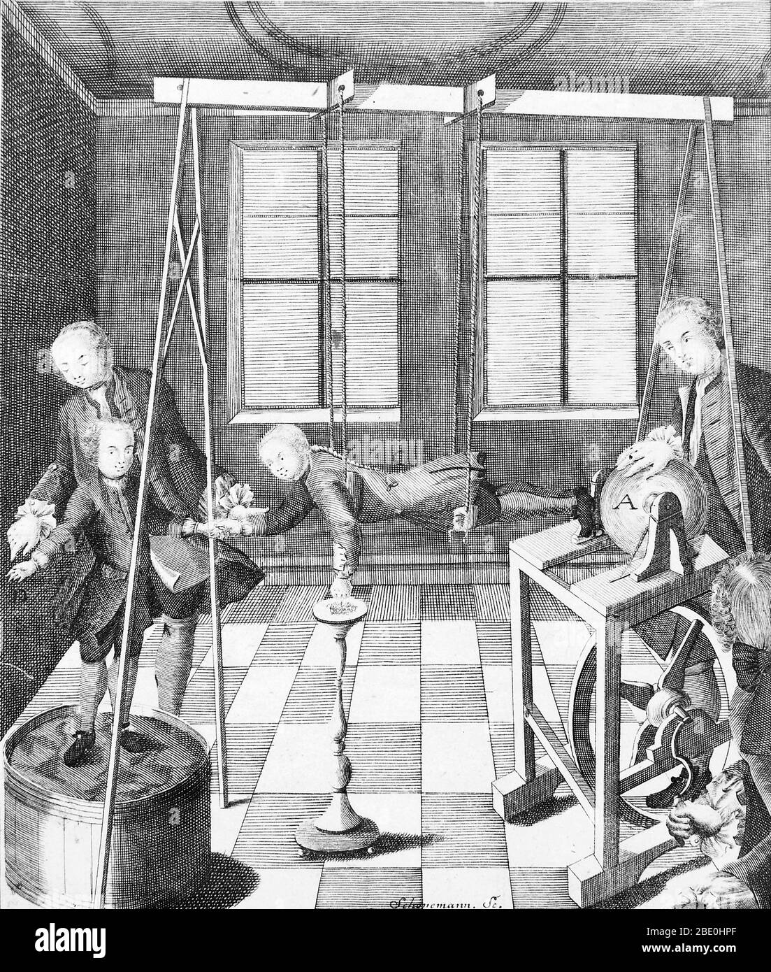 La machine électrique de Christian August Hausen, 1743. Le garçon suspendu des cordes de soie agit comme une sorte de conducteur principal. De la "Novi profectus" de Hausen dans historia electricitatis. Hausen (1693-1743) était un mathématicien allemand connu pour ses recherches sur l'électricité, en particulier en utilisant un générateur triboélectrique. Le générateur de Hausen était semblable à des générateurs antérieurs, comme celui de Francis Hauksbee. Il se composait d'un globe en verre pivoté par un cordon et une grande roue. Un assistant a frotté le globe avec sa main pour produire de l'électricité statique. Le livre de Hausen décrit son générateur et Banque D'Images