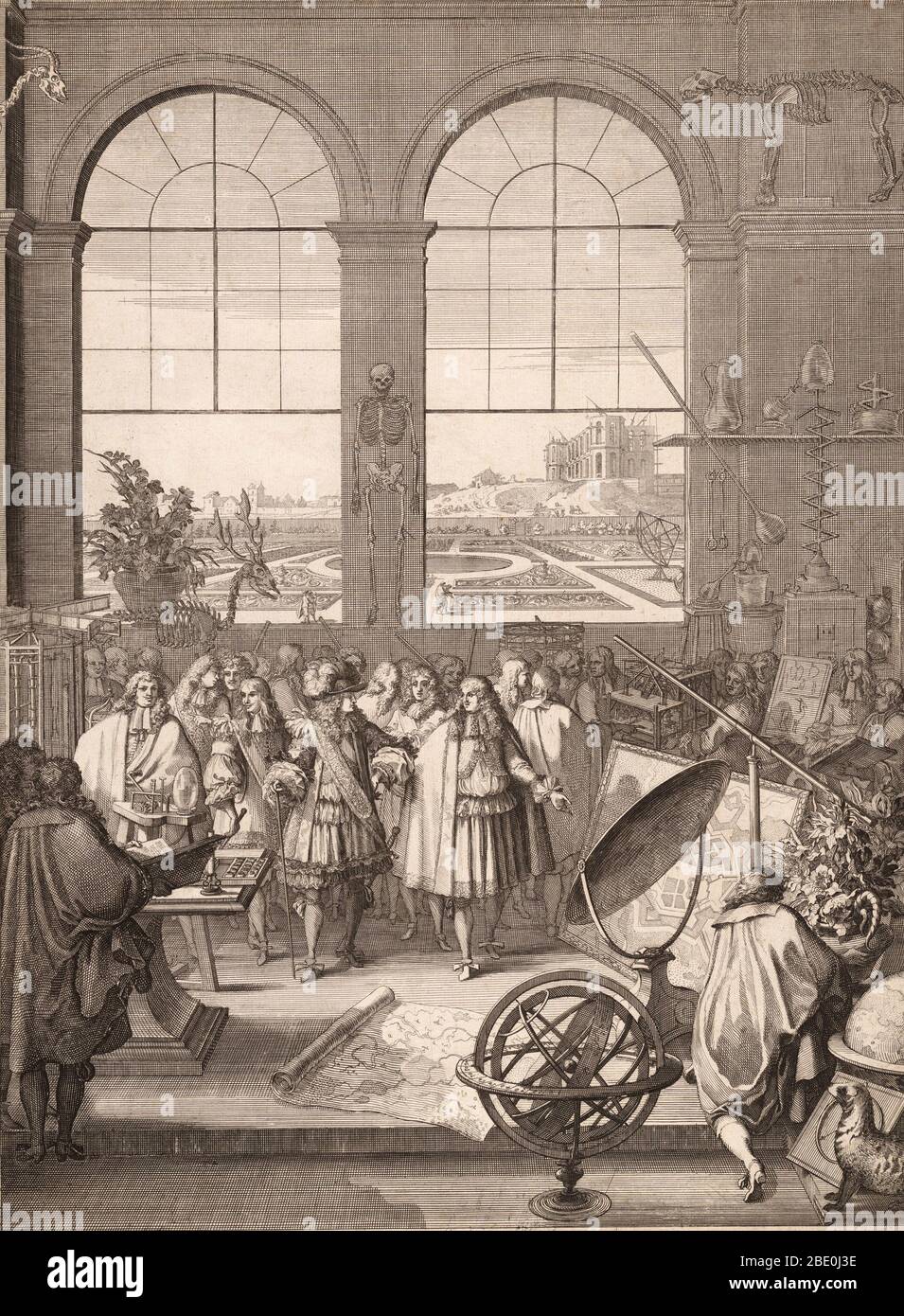 Illustration de la visite du roi Louis XIV de France à l'Académie Royale des Sciences de Paris en 1671. L'Académie des Sciences est une société savante, fondée en 1666 par Louis XIV à la suggestion de Jean-Baptiste Colbert, d'encourager et de protéger l'esprit de la recherche scientifique française. Il a été à l'avant-garde des développements scientifiques en Europe au 17e et 18e siècle, et est l'une des premières Académies des Sciences. Dans l'avant, de gauche à droite, le prince de Condé, le duc d'Orléans, Louis XIV et Colbert. L'astronome Cassini, gesticulant avec sa gauche ha Banque D'Images Illustration de la visite du roi Louis XIV de France à l'Académie Royale des Sciences de Paris en 1671. L'Académie des Sciences est une société savante, fondée en 1666 par Louis XIV à la suggestion de Jean-Baptiste Colbert, d'encourager et de protéger l'esprit de la recherche scientifique française. Il a été à l'avant-garde des développements scientifiques en Europe au 17e et 18e siècle, et est l'une des premières Académies des Sciences. Dans l'avant, de gauche à droite, le prince de Condé, le duc d'Orléans, Louis XIV et Colbert. L'astronome Cassini, gesticulant avec sa gauche ha Banque D'Images