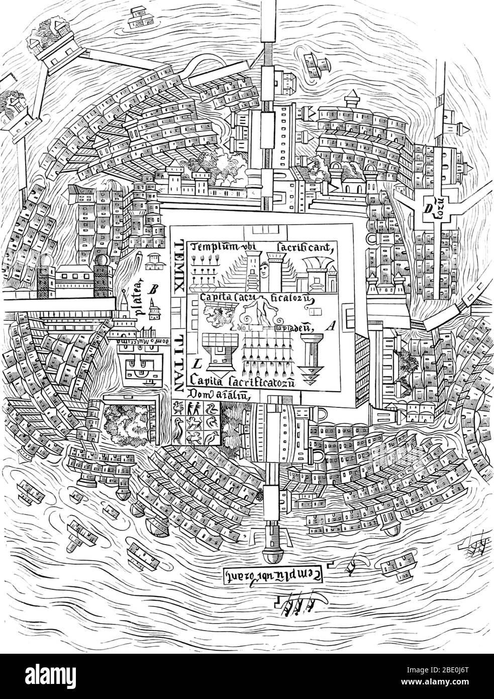 Mexico-Tenochtitlan, communément appelé Tenochtitlan, était un Aztec alteptol (ville-état) situé sur une île du lac de Tarcoco, dans la vallée du Mexique. Fondée en 1325, une culture florissante s'est développée et la civilisation mexicaine est venue dominer d'autres tribus autour du Mexique. La petite île naturelle a été perpétuellement agrandie à mesure que Tenochtitlan a grandi pour devenir la plus grande et la plus puissante ville de Mésoamerica. La ville était reliée au continent par des voies de causalité menant au nord, au sud et à l'ouest. Les voies de causalité ont été interrompues par des ponts qui ont permis aux canoës et à d'autres voies de circuler librement. Le pont Banque D'Images