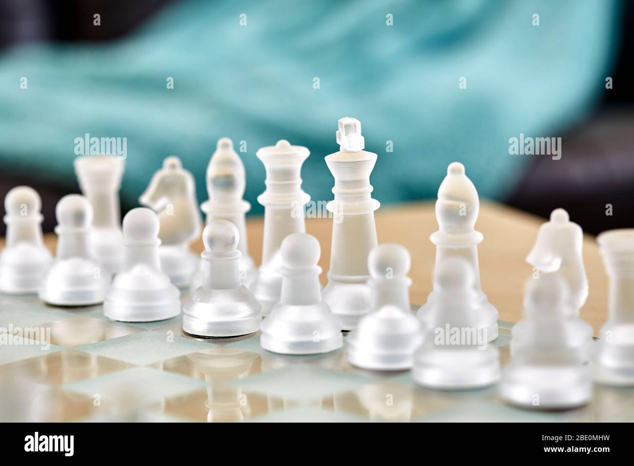 Gros plan de pièces d'échecs en verre dépoli sur un plateau d'échecs en verre avec peu de profondeur de champ Banque D'Images