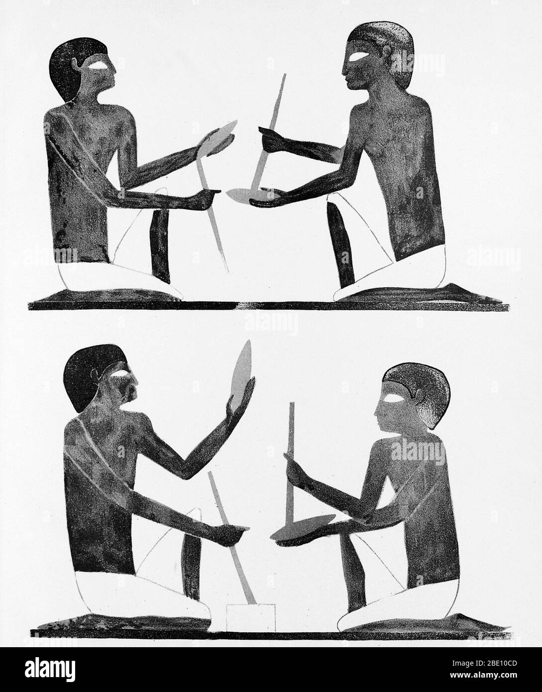 La fabrication de couteaux à fint, telle que représentée dans la tombe égyptienne antique Beni Hasan, située au sud de Minya moderne dans la région connue sous le nom de Moyen Egypte, la zone entre Asyut et Memphis. Ce site a été principalement utilisé au Moyen-Royaume, s'étendant du XXIe au XVIIe siècle BCE (âge moyen de bronze). Banque D'Images