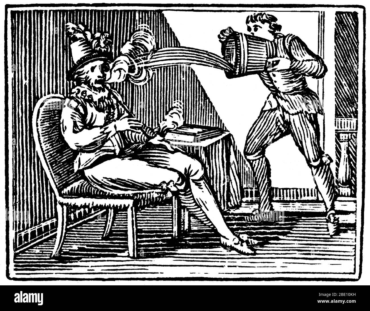 Soi-disant, alors que fumer un tuyau du premier tabac apporté d'Amérique, Raleigh a été éteint par un serviteur terrifié qui l'a couté avec un pichet de bière. Walter Raleigh (1554 - 29 octobre 1618) était un aristocrate anglais, écrivain, poète, soldat, courtier, espion et explorateur. Il est le plus rappelé pour populariser le tabac en Angleterre. Son plan de colonisation en Amérique du Nord en 1584 a pris fin en échec à l'île Roanoke, mais a ouvert la voie aux colonies suivantes. Gravure, milieu du XIXe siècle. Banque D'Images