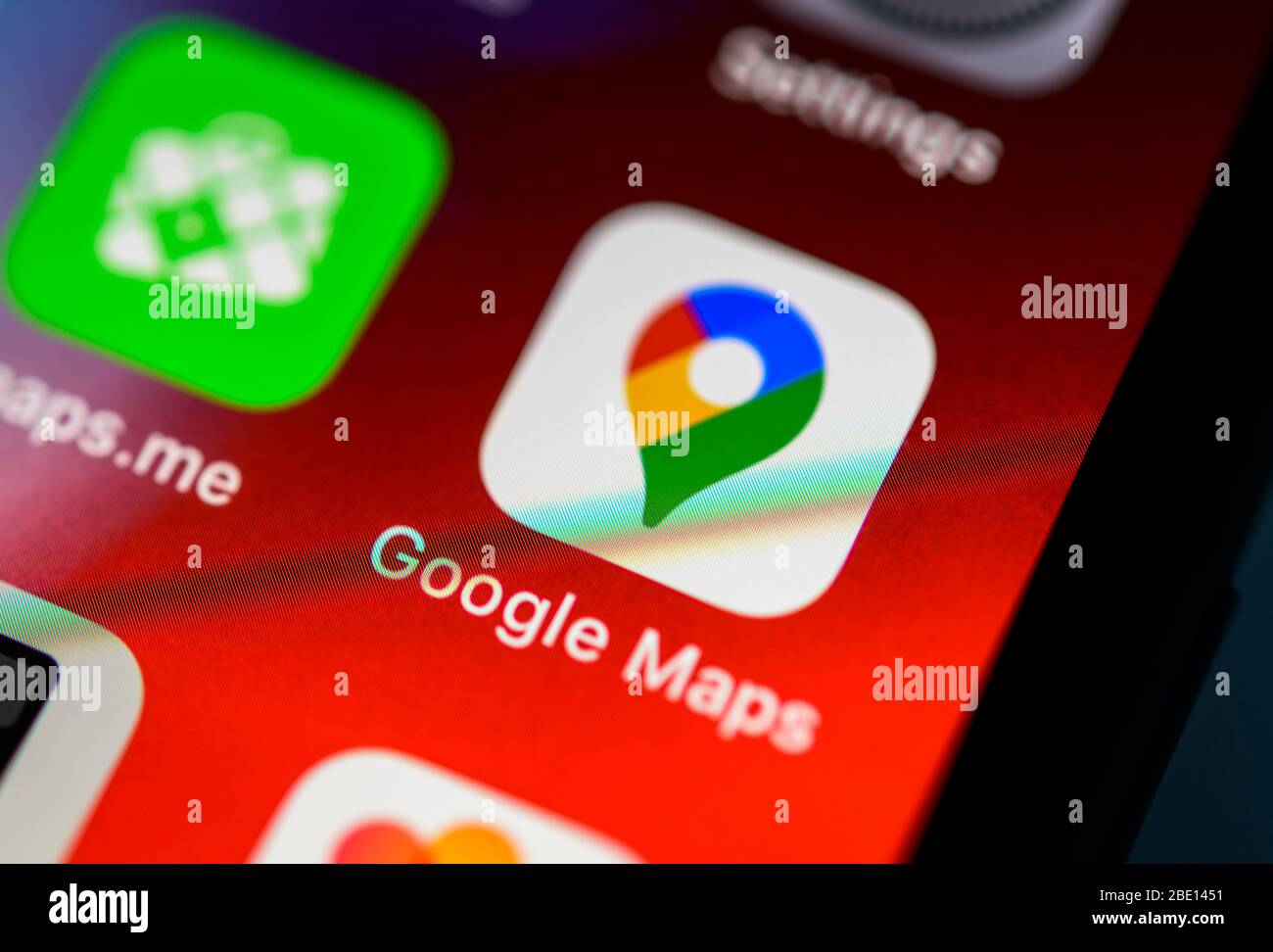 Application Google Maps, icône, affichage, iPhone, téléphone mobile, smartphone, iOS, macro shot, détails, remplissage de format Banque D'Images