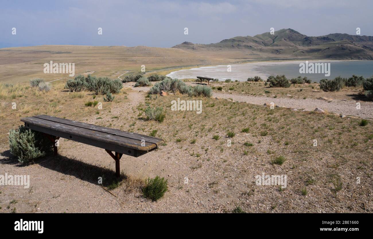 Banc sur une colline du désert surplombant le Grand lac de sel Banque D'Images