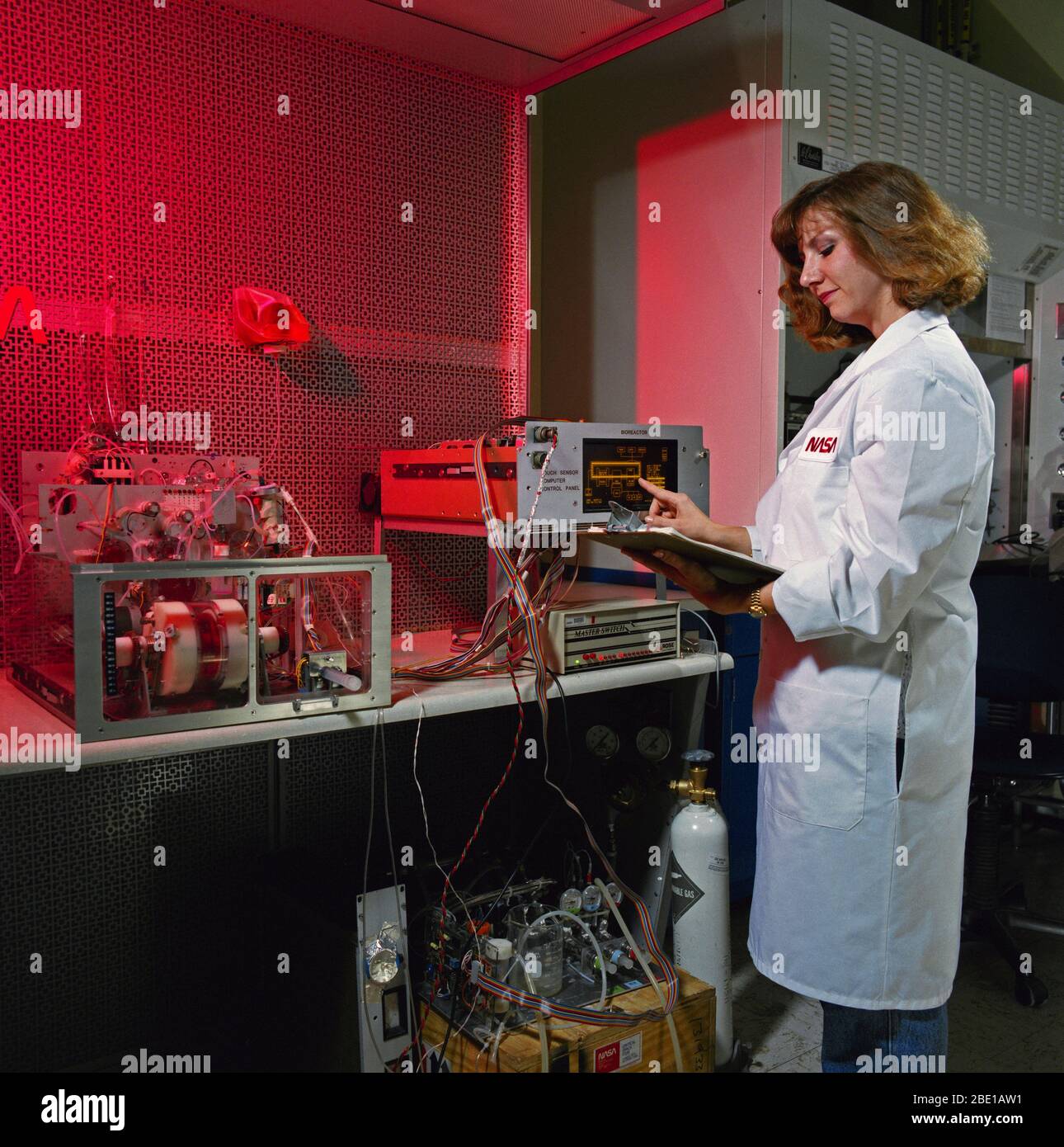 (27 juin 1991) --- technicien JSC Tacey Prewitt vérifie les progrès sur un bioréacteur dans l'expérience des sciences de la vie de JSC Bldg 37 Laboratoire Laboratoire de biotechnologie. Matériel similaire est prévue pour l'essai à bord d'Atlantis, Véhicule orbiteur (VO) 104, au cours de la mission STS-44. Banque D'Images