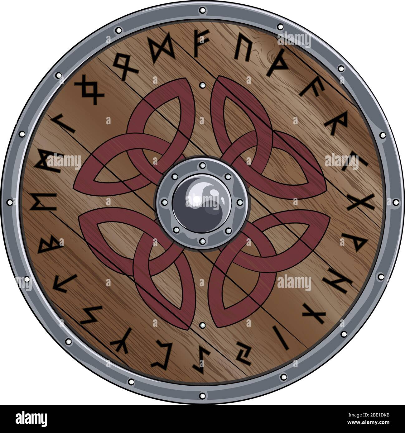 Le bouclier rond du Viking est décoré avec des ornement scandinaves et des runes Illustration de Vecteur