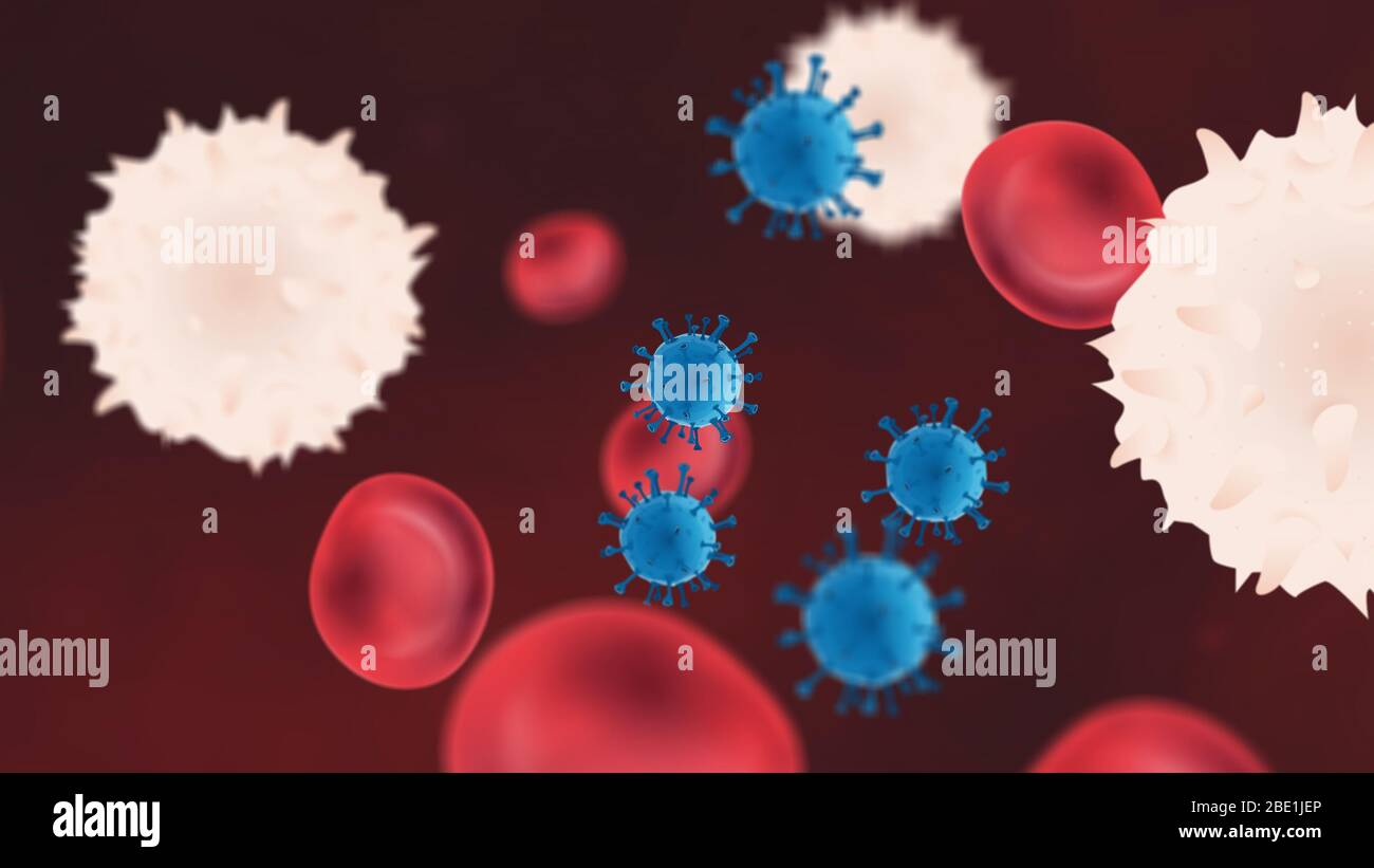 Particules de virus dans le sang avec des globules rouges et blancs Banque D'Images