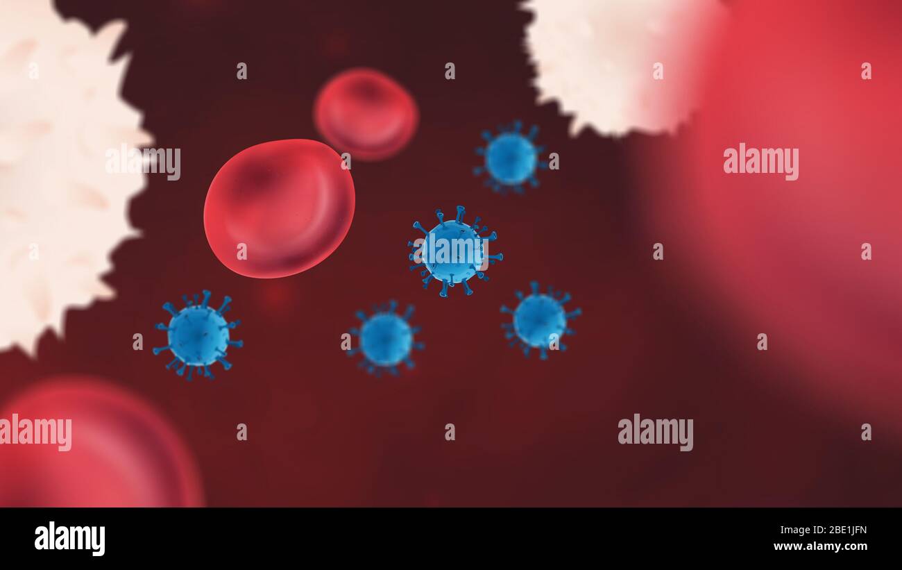 Particules de virus dans le sang avec des globules rouges et blancs Banque D'Images