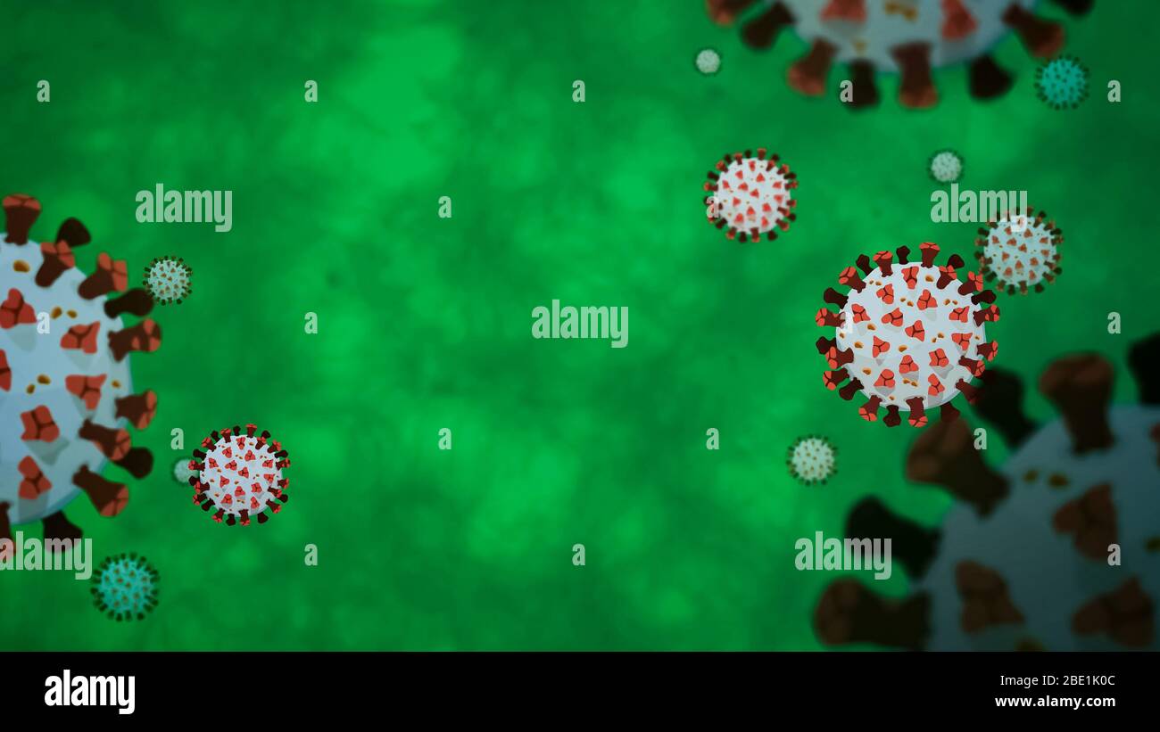 Coronavirus ou particules COVID-19 dans un fond microscopique vert avec espace de copie Banque D'Images