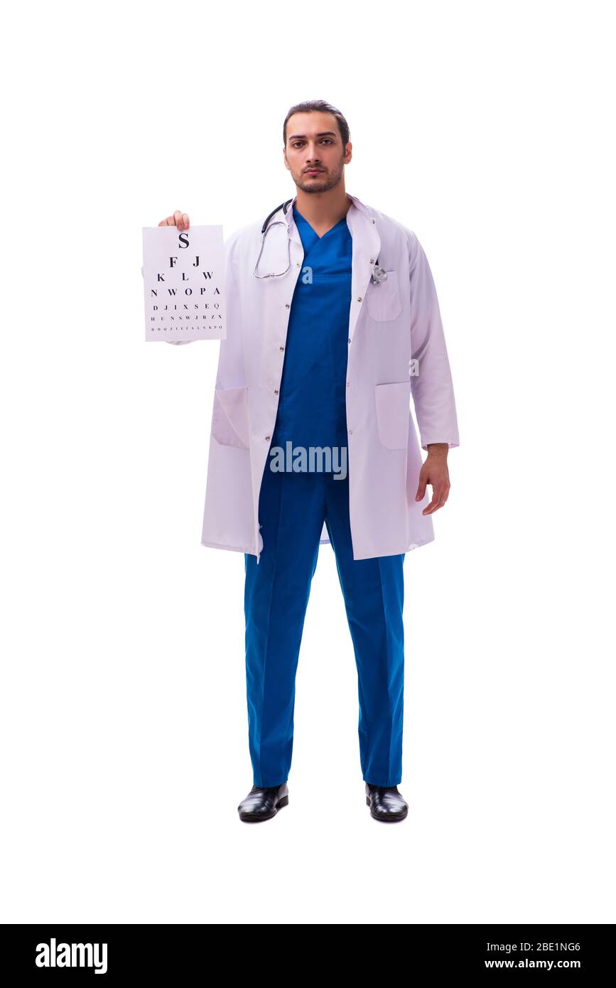 Jeune oculiste mâle isolé sur le blanc Banque D'Images