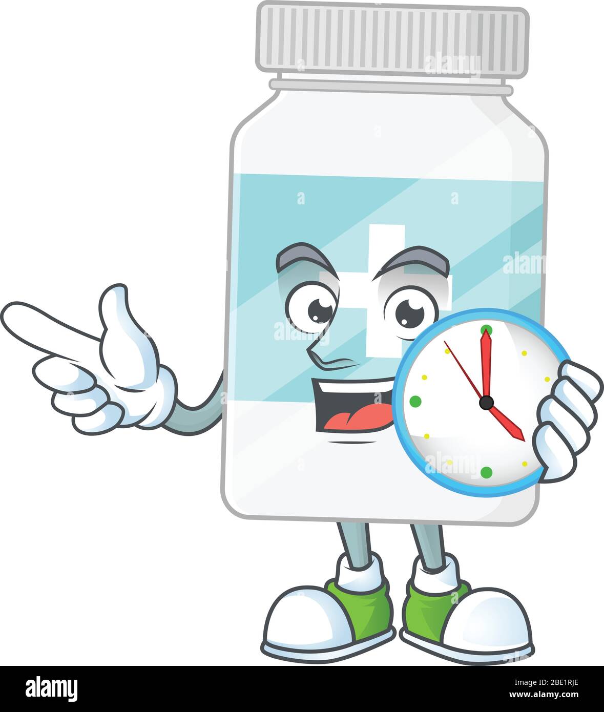 Concept de mascotte en bouteille supplémentaire tenant une horloge circulaire Illustration de Vecteur