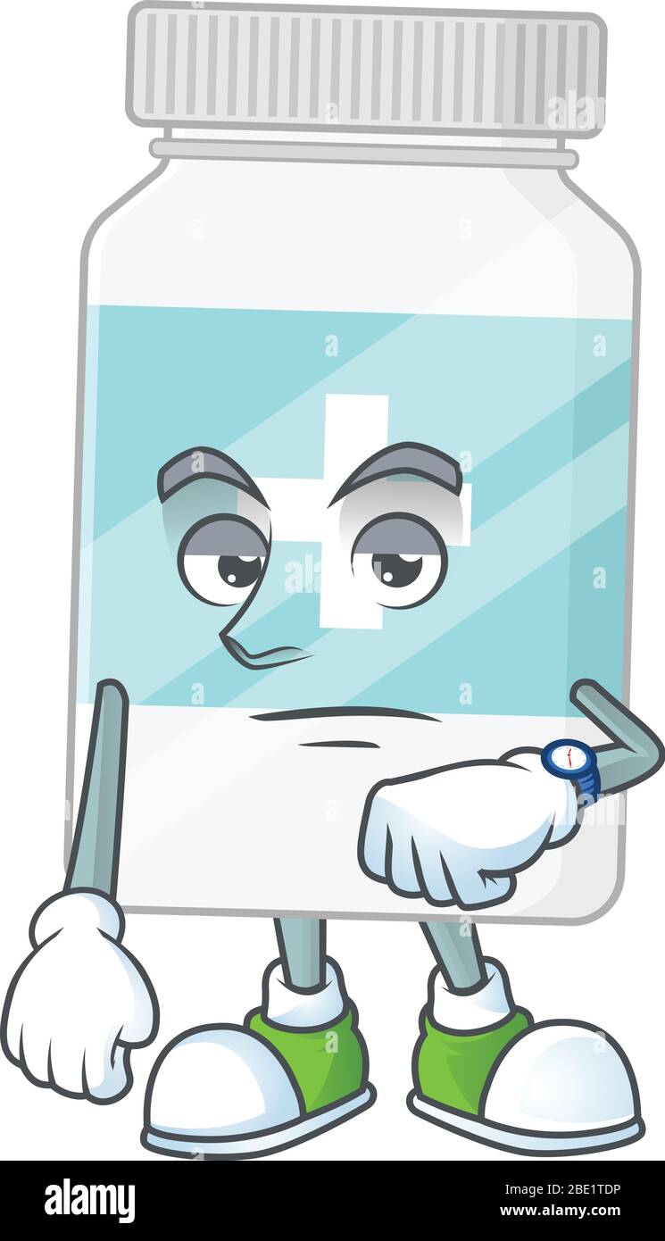 Bouteille supplémentaire avec un geste d'attente de dessin animé mascotte concept Illustration de Vecteur