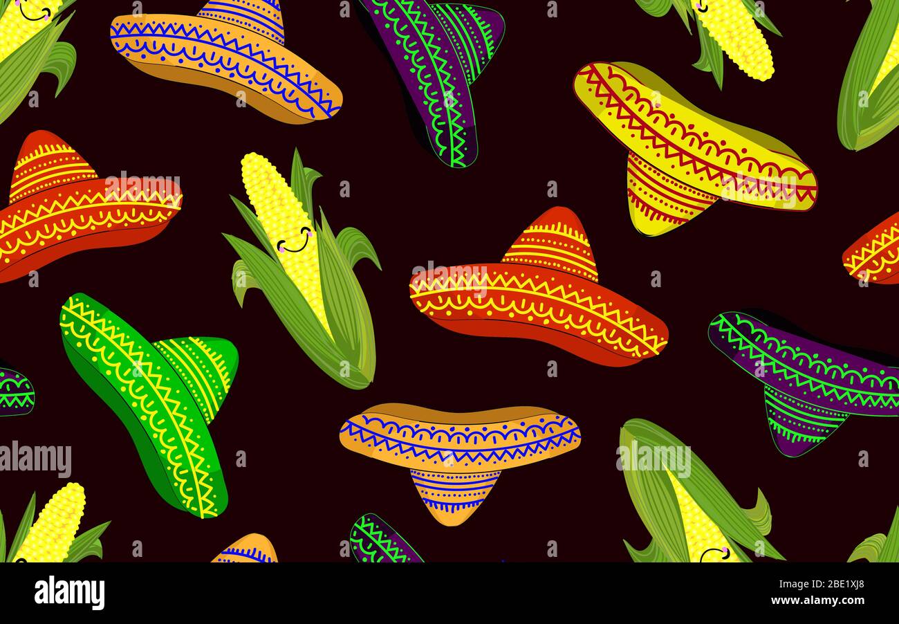 Motif dans le style mexicain. Motif sans couture avec sombrero et maïs. Peut être utilisé comme arrière-plan, papier d'emballage, couvertures, tissus, etc. Illustration de Vecteur