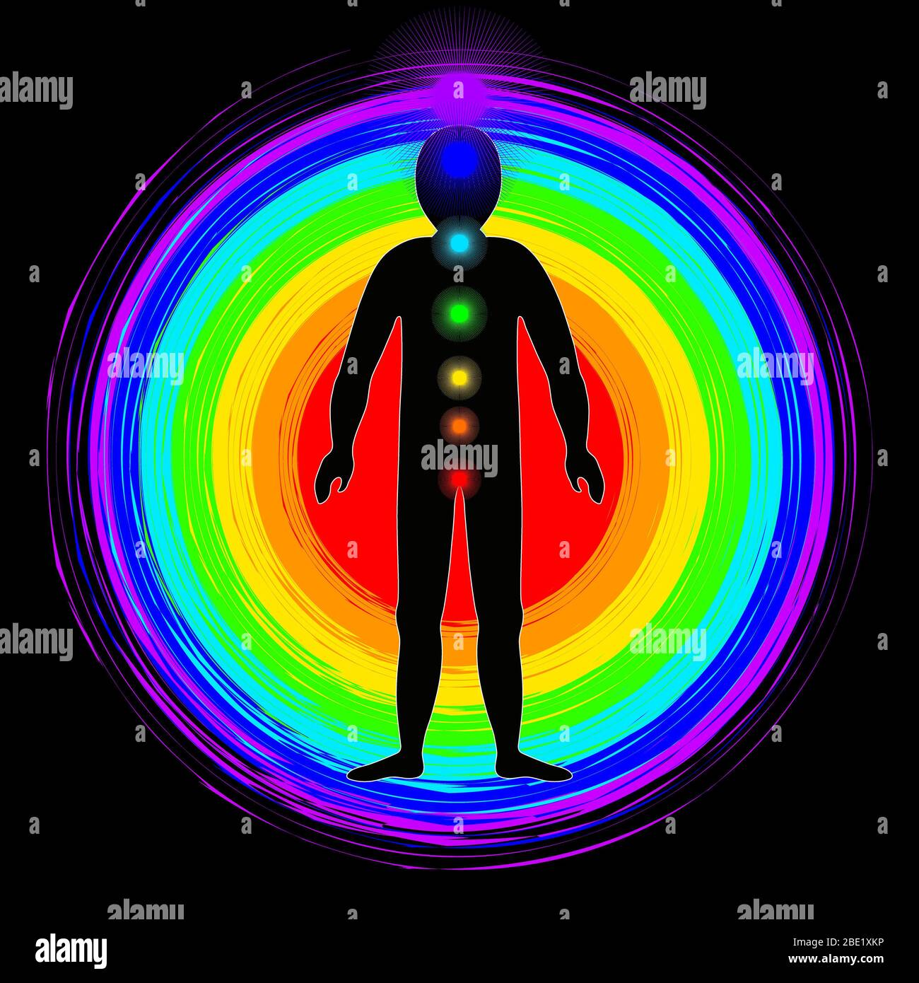 L'aura du corps. Couches de couleur arc-en-ciel marquées du corps masculin. Couche éthérique, émotionnelle, métallique, astrale, céleste et causale. Illustration Banque D'Images