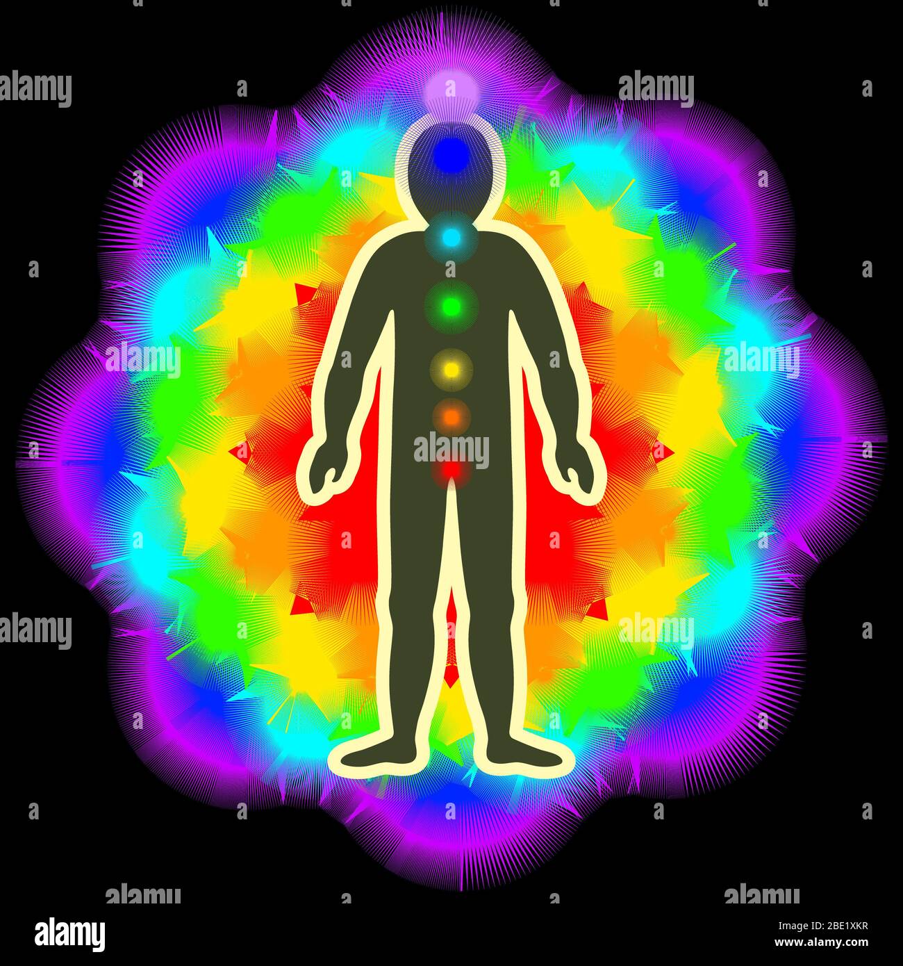 L'aura du corps. Couches de couleur arc-en-ciel marquées du corps masculin. Couche éthérique, émotionnelle, métallique, astrale, céleste et causale. Illustration Banque D'Images