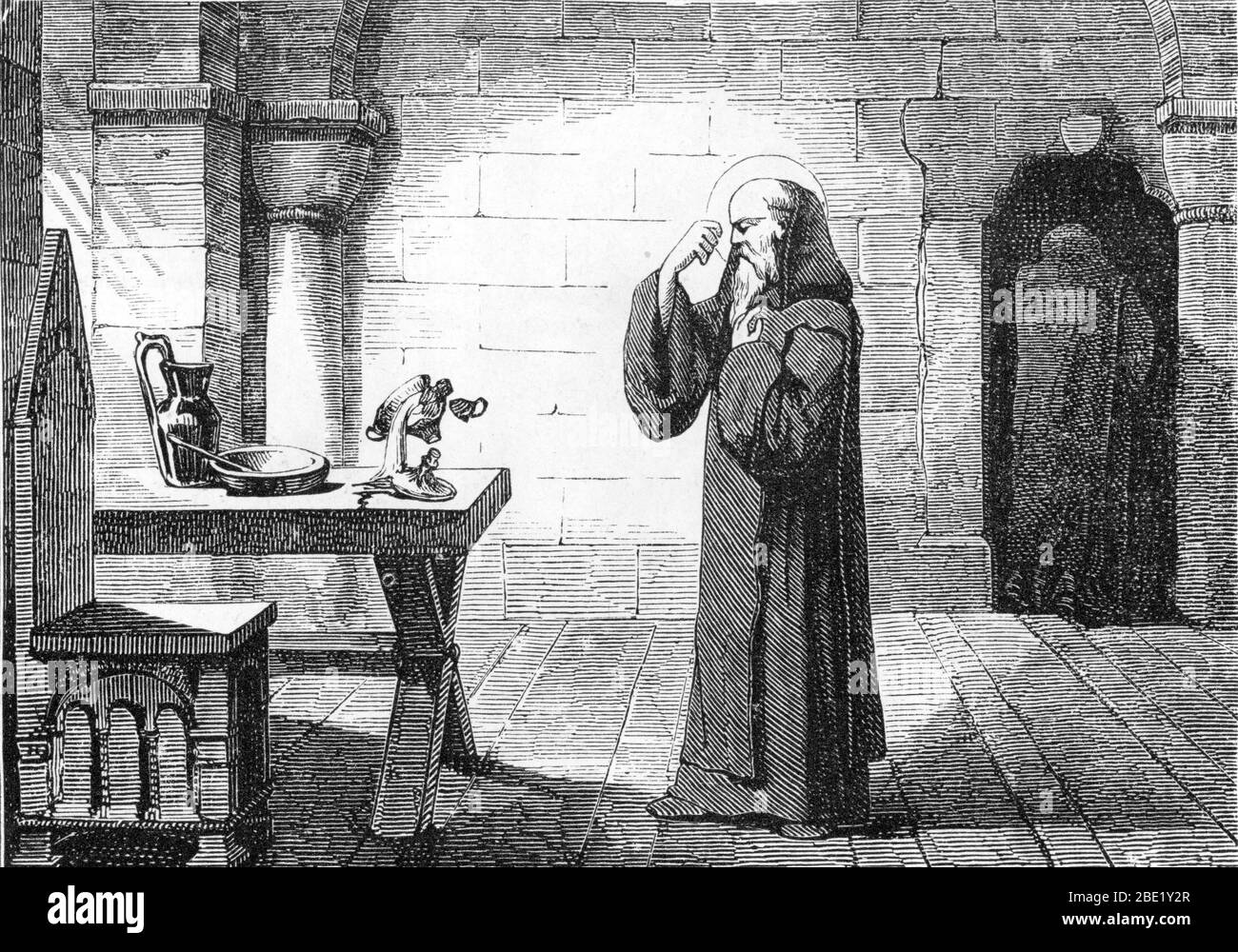 Représentation de Saint Benoît de Nursie (Benedetto di Norcia ou St benoît) (480-547) auteur de l'ordre benedictin Gravure privé du XIXe siècle Banque D'Images