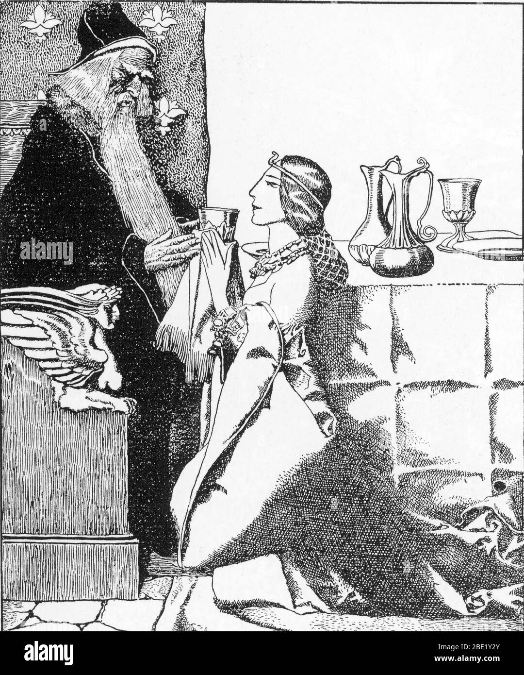 'Legende arthurienne : la FEE viviane et Merlin l'enchanteur amoureux' (l'enchanteur Vivien avec le Merlin infatué) Illustration d'Howard Pyle Banque D'Images