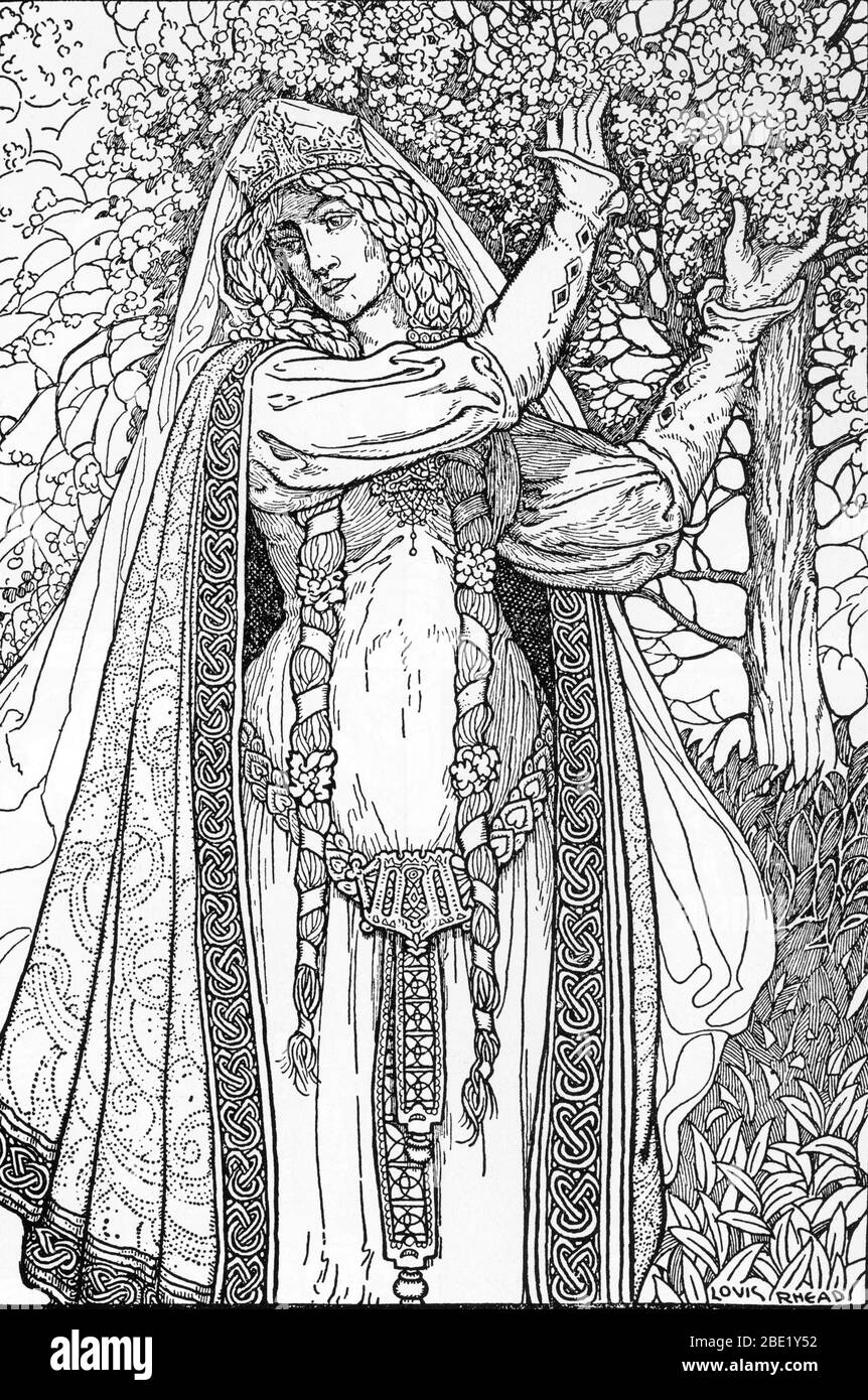 'La reine Guenievre' (Reine guinéere) Illustration de Louis Rhead (1858-1926) tiree de 'roi Arthur et ses chevalierss' 1923 Collection privee Banque D'Images