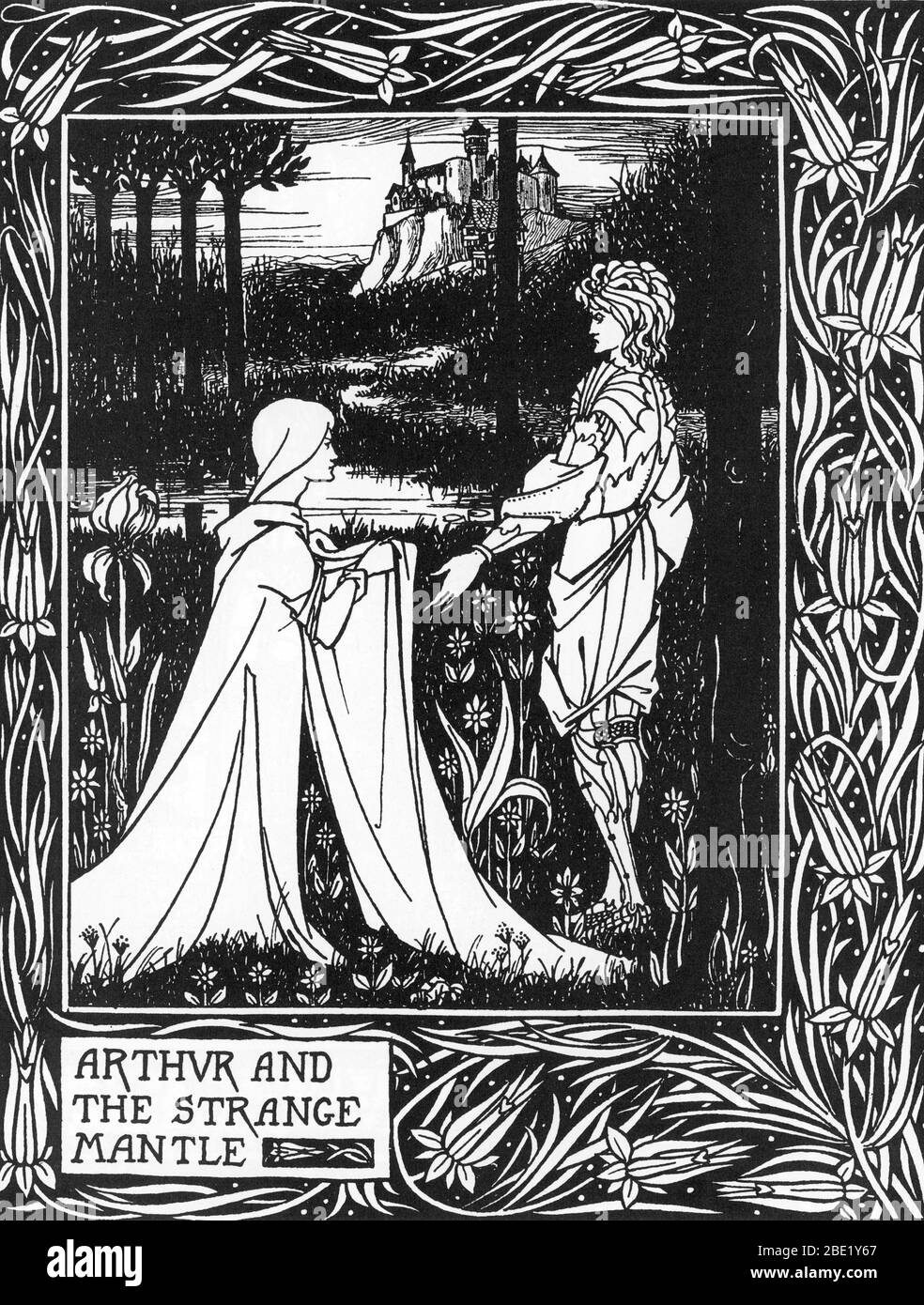 'Le roi Arthur recevant la visite d'une jeune fille voyage par la Fee Morgane' (roi Arthur et l'étrange manteau envoyé par Morgan le fay) illustrati Banque D'Images