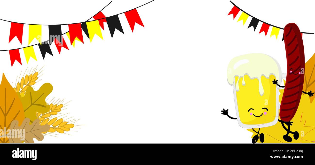 FOND BLANC POUR LE FESTIVAL ALLEMAND DE LA BIÈRE.Publicité de la fête de la bière traditionnelle avec un verre de bière et de bretzels. Illustration de Vecteur