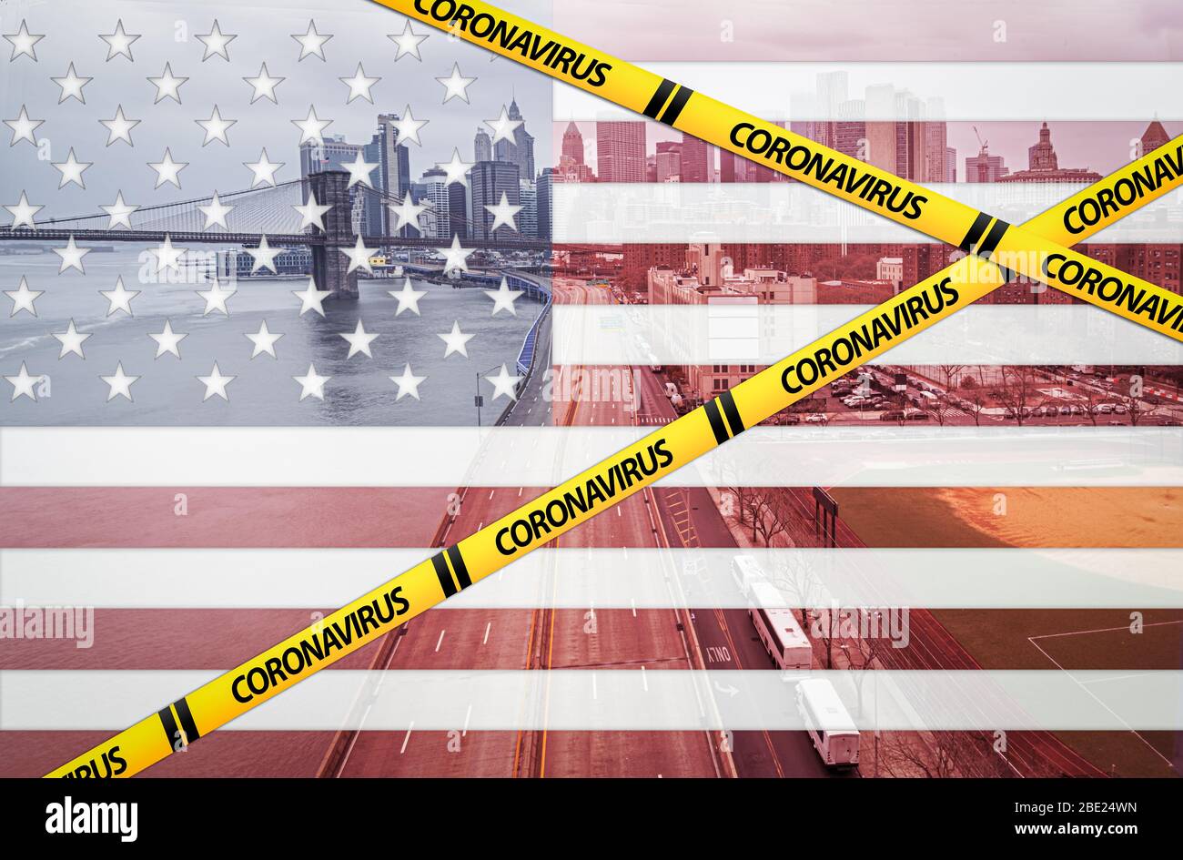 Bande d'avertissement sur le drapeau américain et le coronavirus sur un lecteur FDR vide à New York, aux États-Unis. Banque D'Images