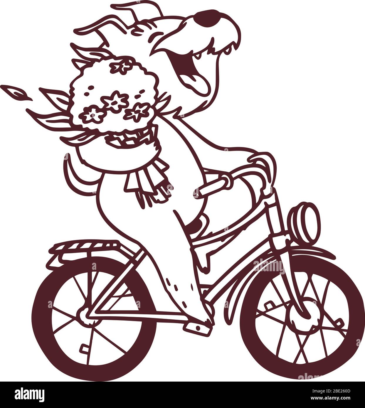Dessin animé contour chien heureux sur vélo avec bouquet de fleurs. Dessin à la main coloriage illustration de la page. Illustration de Vecteur