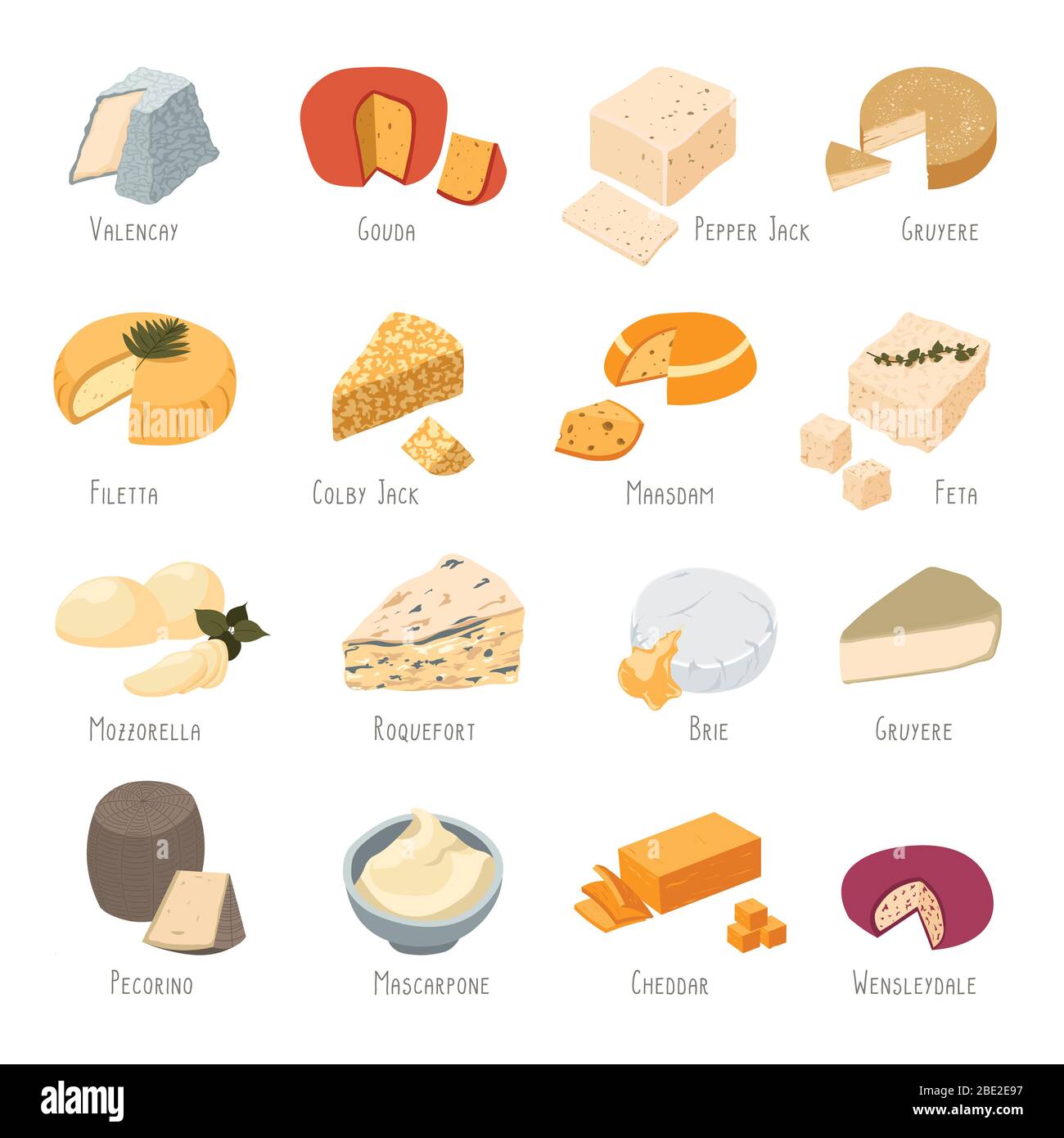 Collection de types de fromages, produits laitiers ensemble de nourriture Illustration de Vecteur