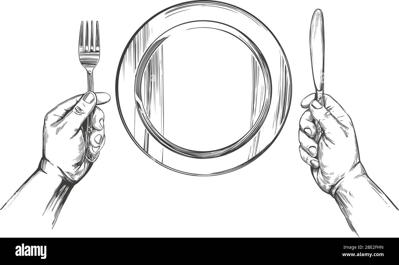 plaque vide, mains tenant un couteau et une fourche, temps de manger, dessin vectoriel dessiné à la main illustration réaliste Illustration de Vecteur