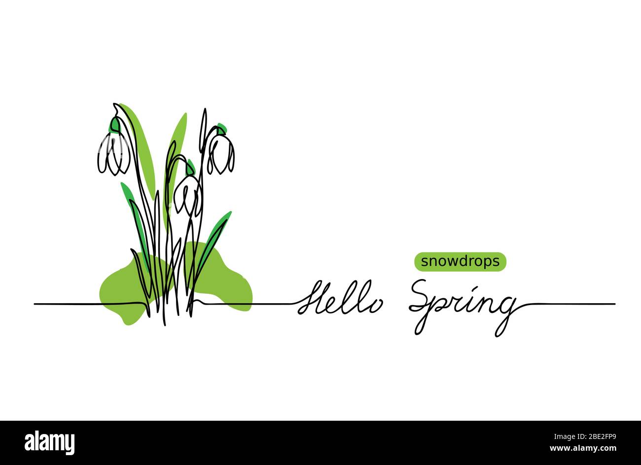 Esquisse vectorielle et lettrage Hello Spring. Le premier fleurit un dessin en ligne continue. Texte de salutation manuscrit Hello Spring Illustration de Vecteur