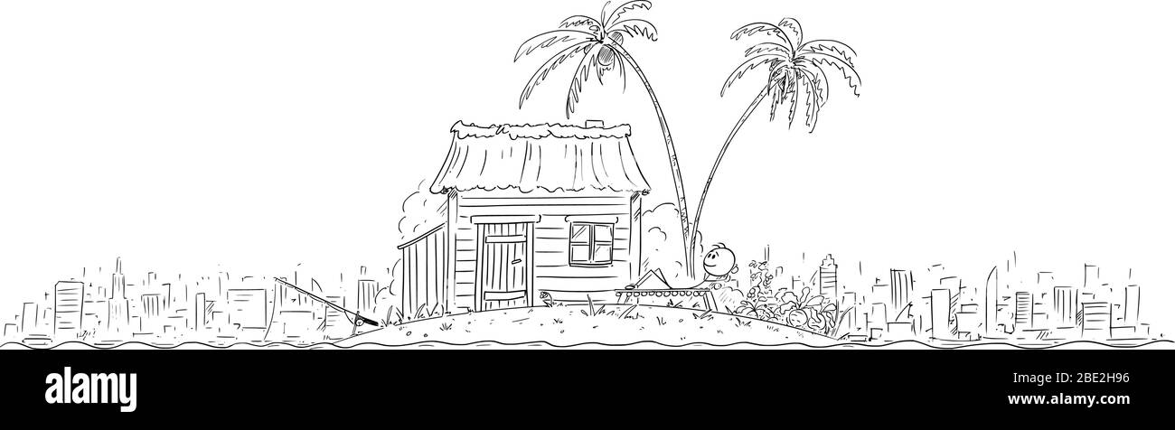 Dessin vectoriel de dessin de dessin de dessin de dessin conceptuel de l'homme heureux profitant de vivre seul sur une petite île tropicale, isolée de la civilisation, ville horizon sur fond. Illustration de Vecteur