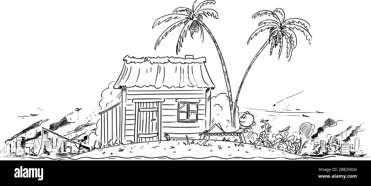 Le dessin vectoriel de dessin de dessin de dessin de dessin conceptuel de l'homme heureux profitant de vivre seul sur une petite île tropicale, isolée de la civilisation, alors que la civilisation souffre de la guerre et de la crise. Illustration de Vecteur