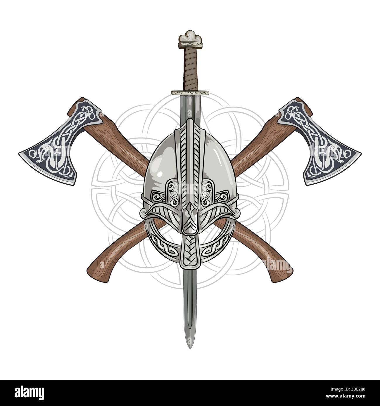 Casque Viking, haches viking croisées et couronne de style scandinave Illustration de Vecteur