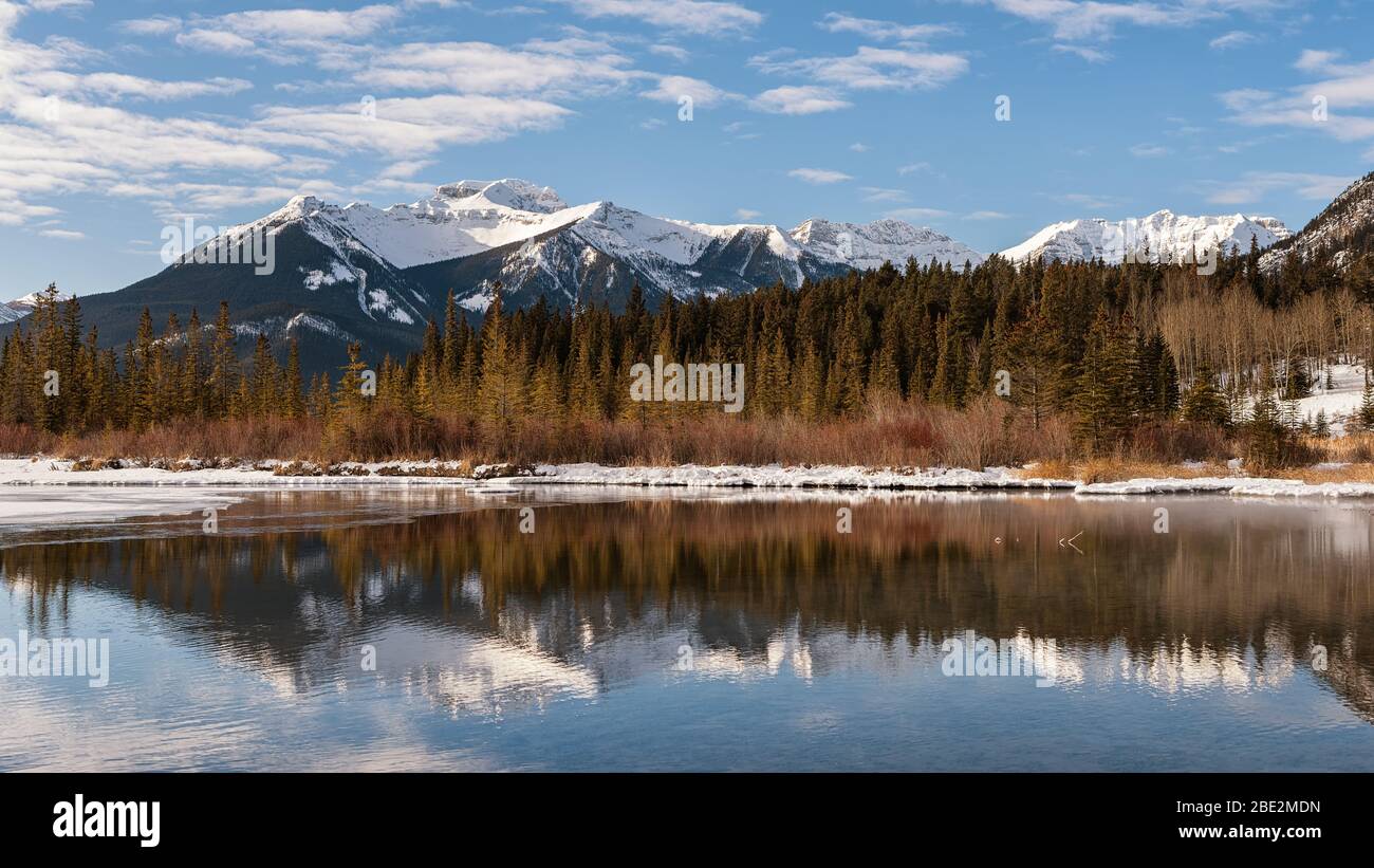 Cime de Sundance Peak enneigée et sapins se reflétant dans les eaux fixes des lacs Vermillion, parc national Banff, Banff, Alberta, Canada Banque D'Images